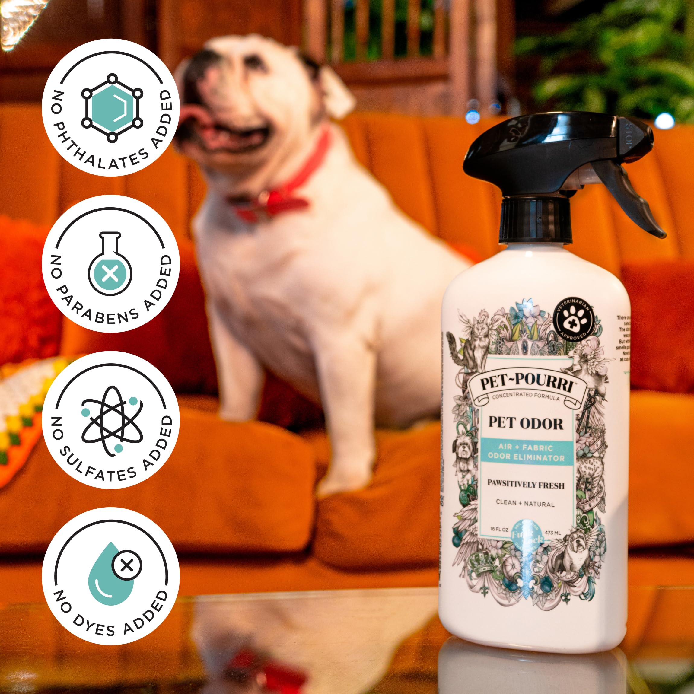 Pet-Pourri Pawsitively Fresh car seats spray removes odors on the go.