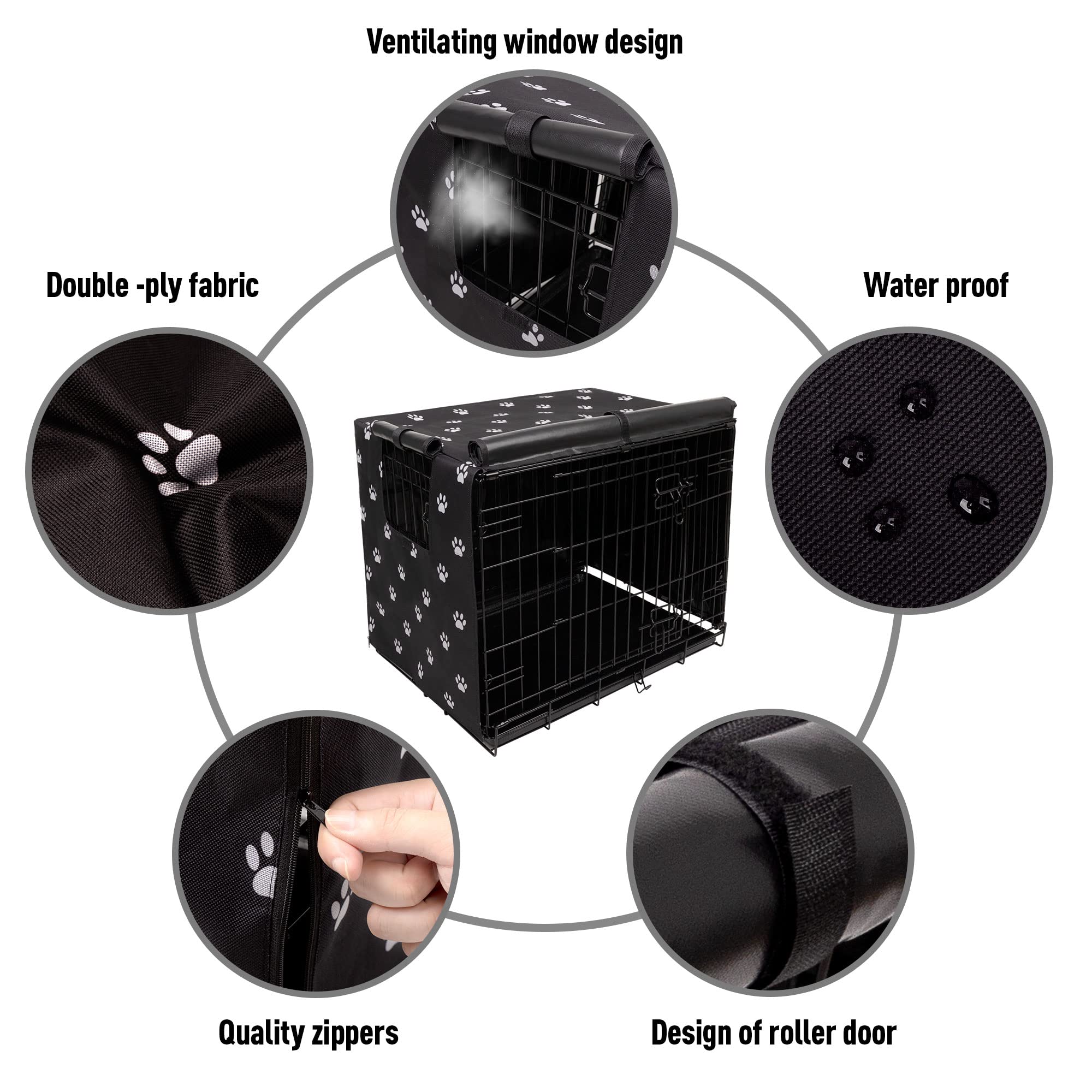 Pet Prime crate cover shows waterproof Oxford fabric for weatherproof protection.