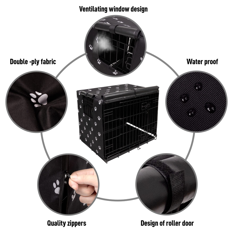 Pet Prime crate cover shows waterproof Oxford fabric for weatherproof protection.