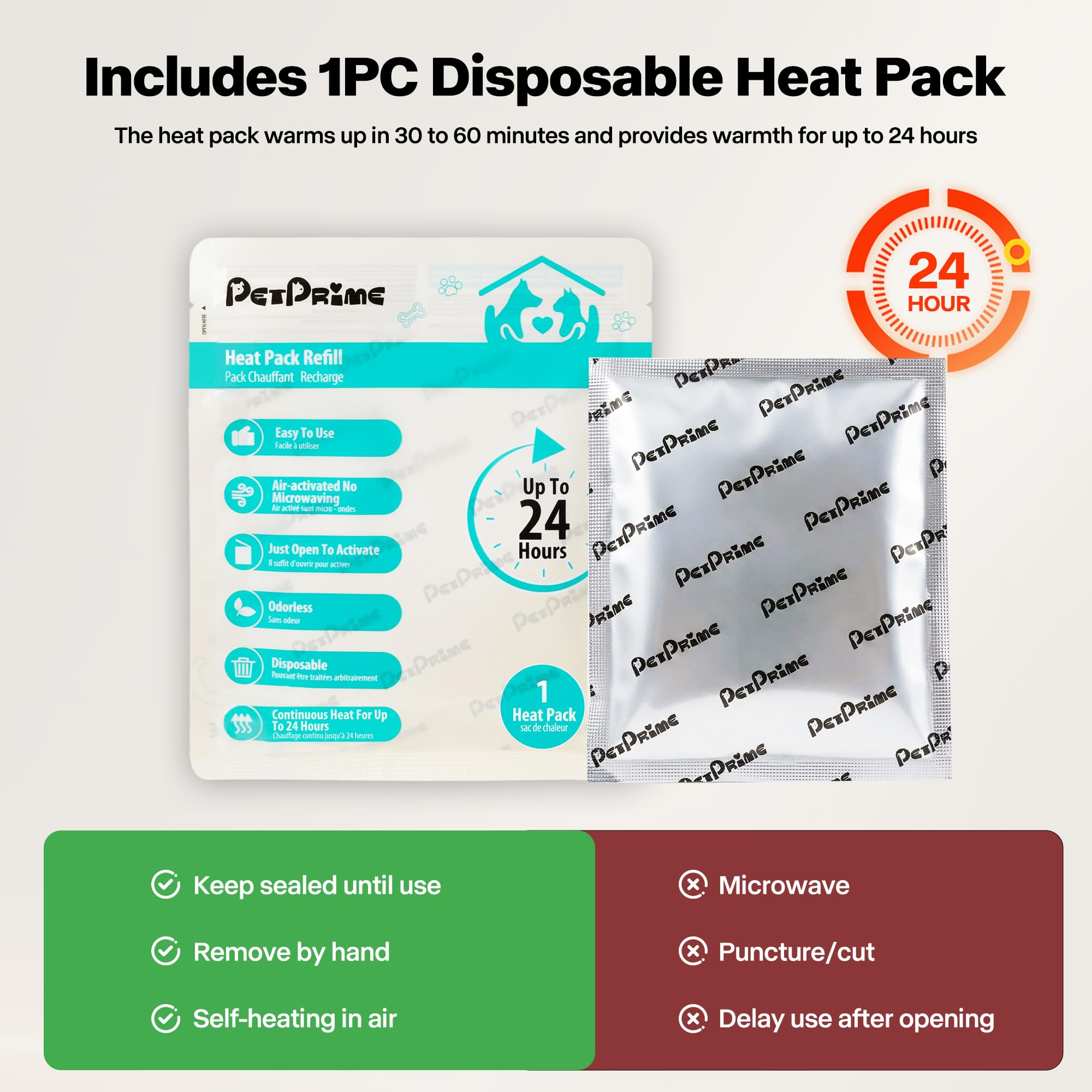 Pet Prime disposable heat pack provides warmth for cozy bedtime or stressful moments