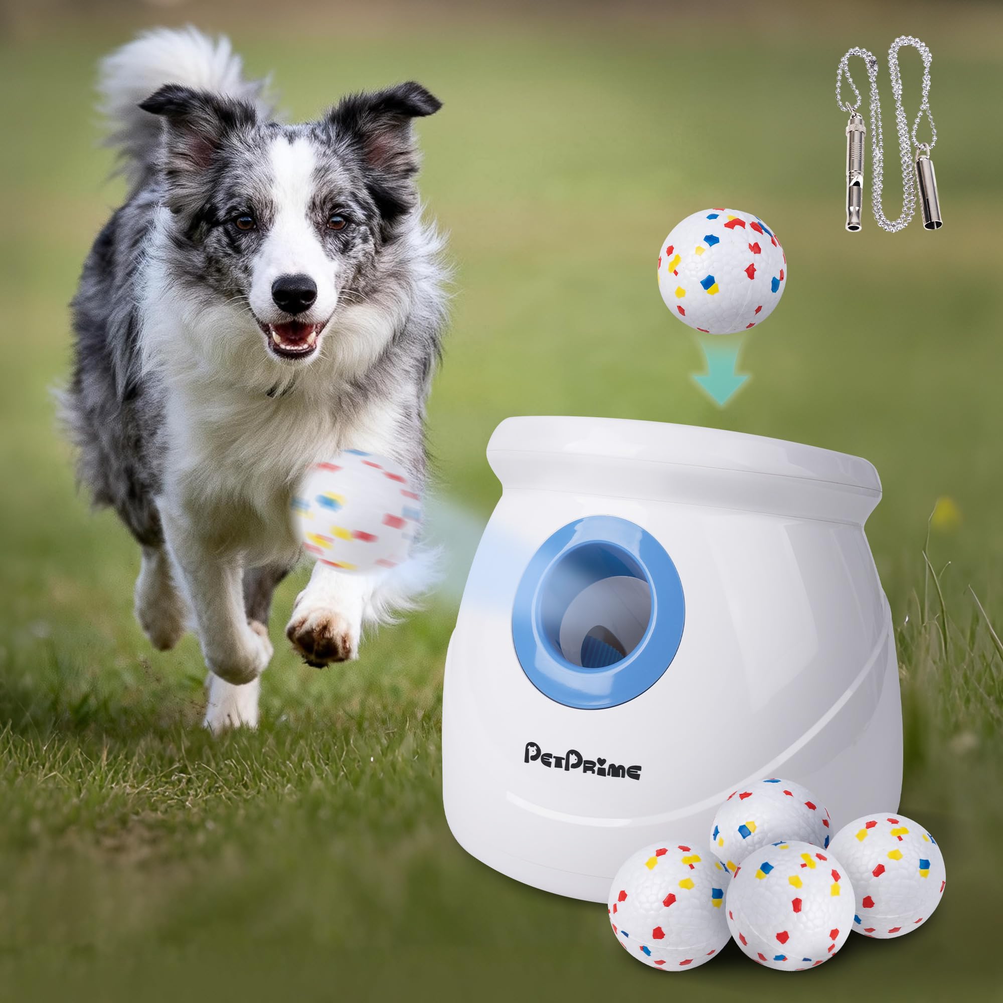 Pet Prime launcher in use with a large dog outdoors for fetch fun