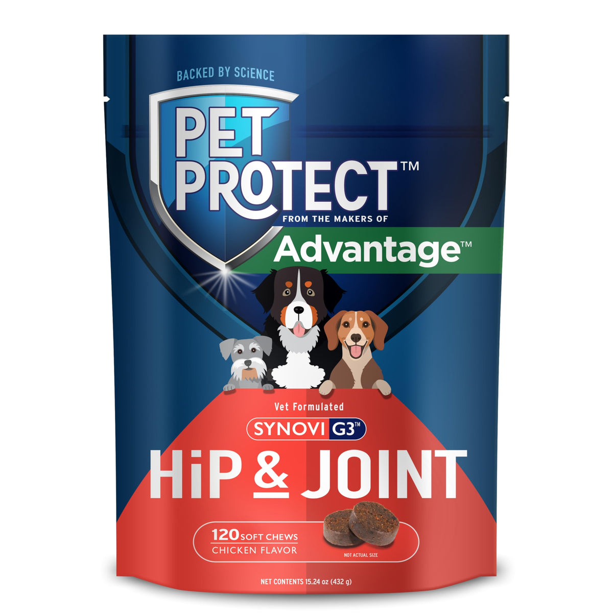Pet Protect hip joint supplement bottle highlighting vet-formulated support for joints.