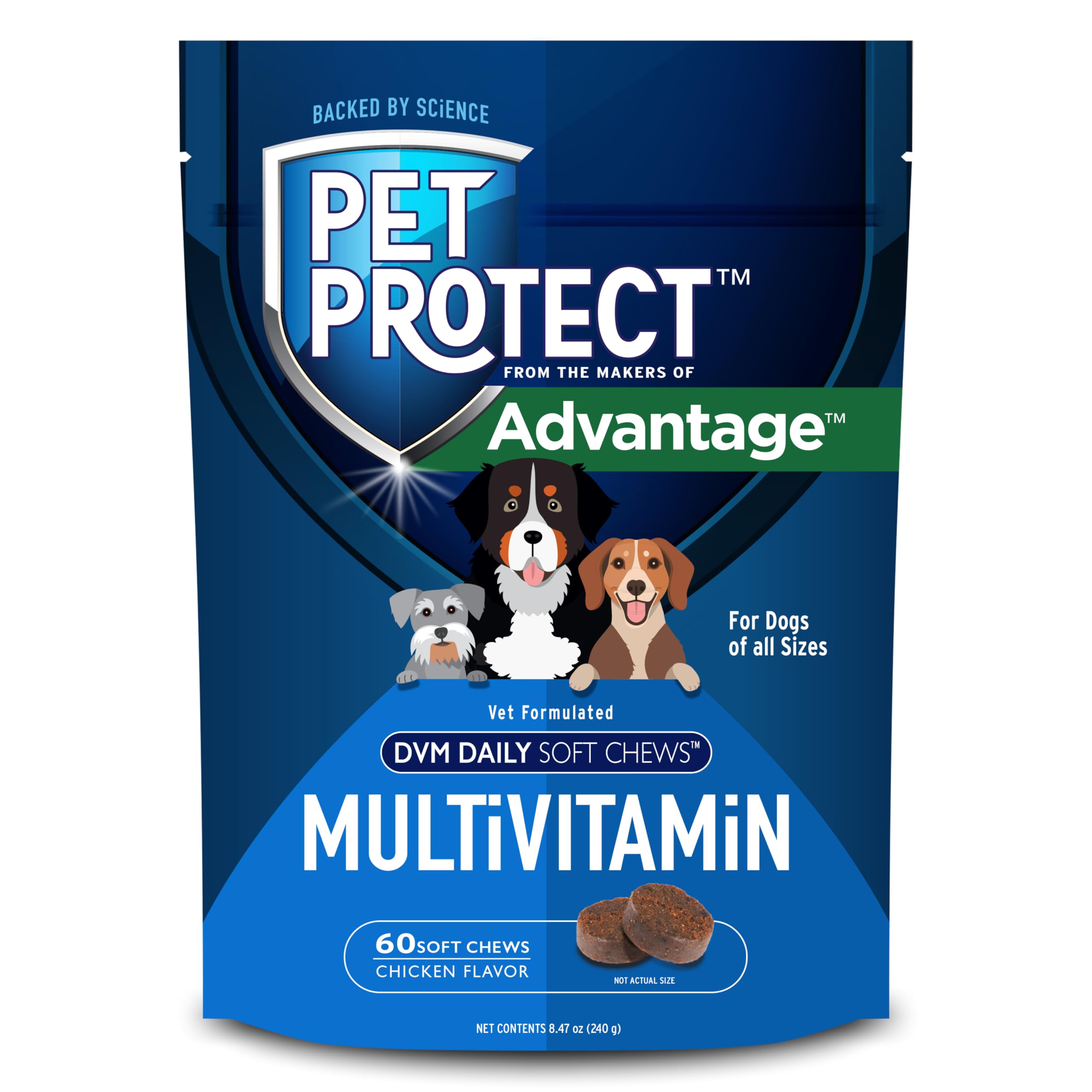 Pet Protect dog multivitamin bottle with chicken-flavored soft chews for daily wellness.
