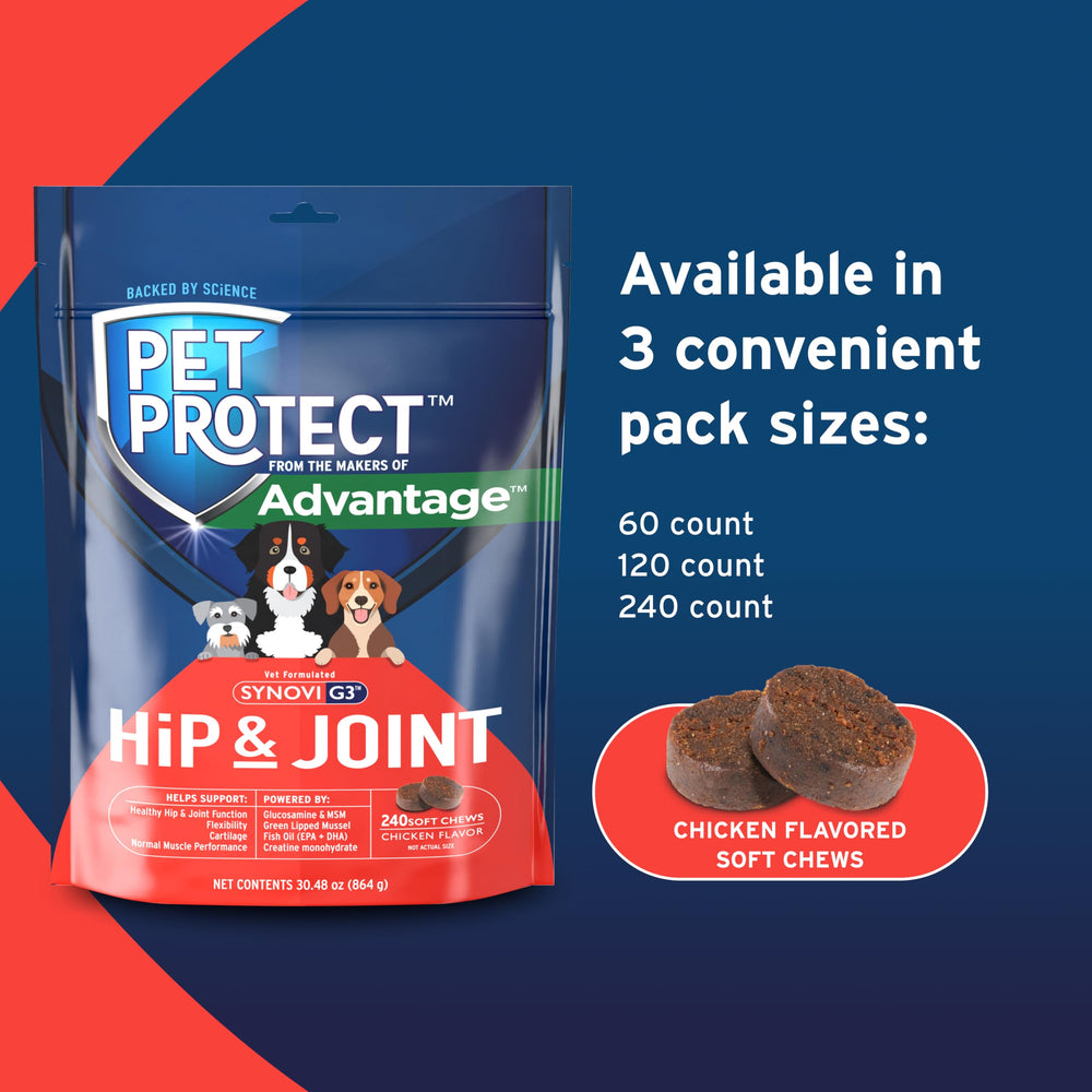 Pet Protect fish oil with EPA/DHA illustrated for healthy fatty acids.
