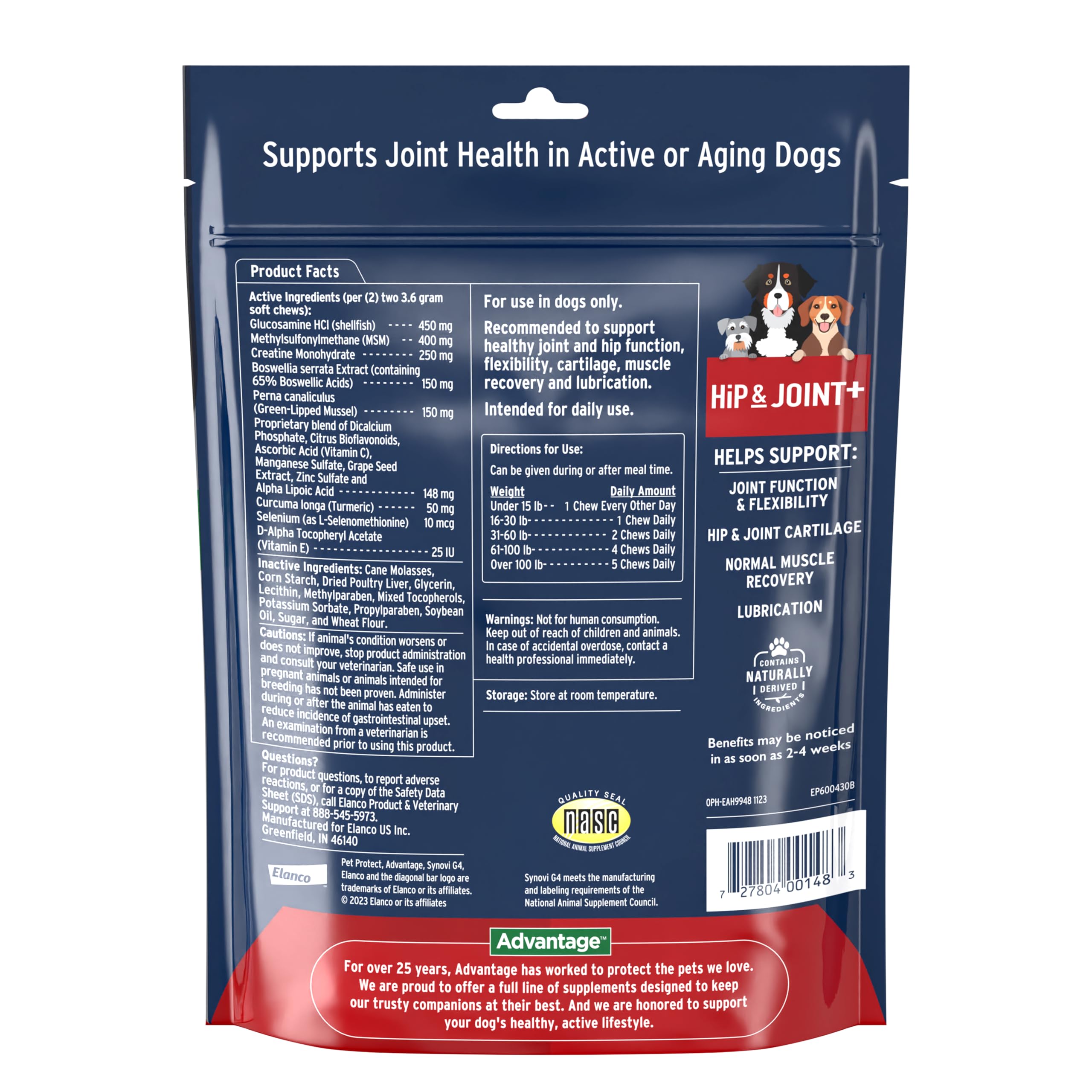 Pet Protect Hip & Joint+ glucosamine and turmeric ingredients support joint function.