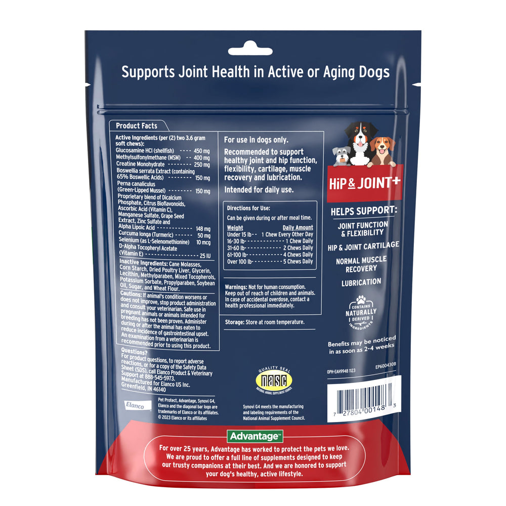 Pet Protect Hip & Joint+ glucosamine and turmeric ingredients support joint function.