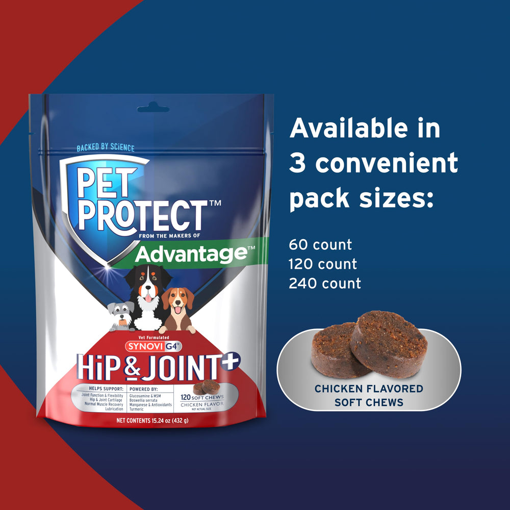 Vet-formulated Synovi G4 logo on Pet Protect packaging.