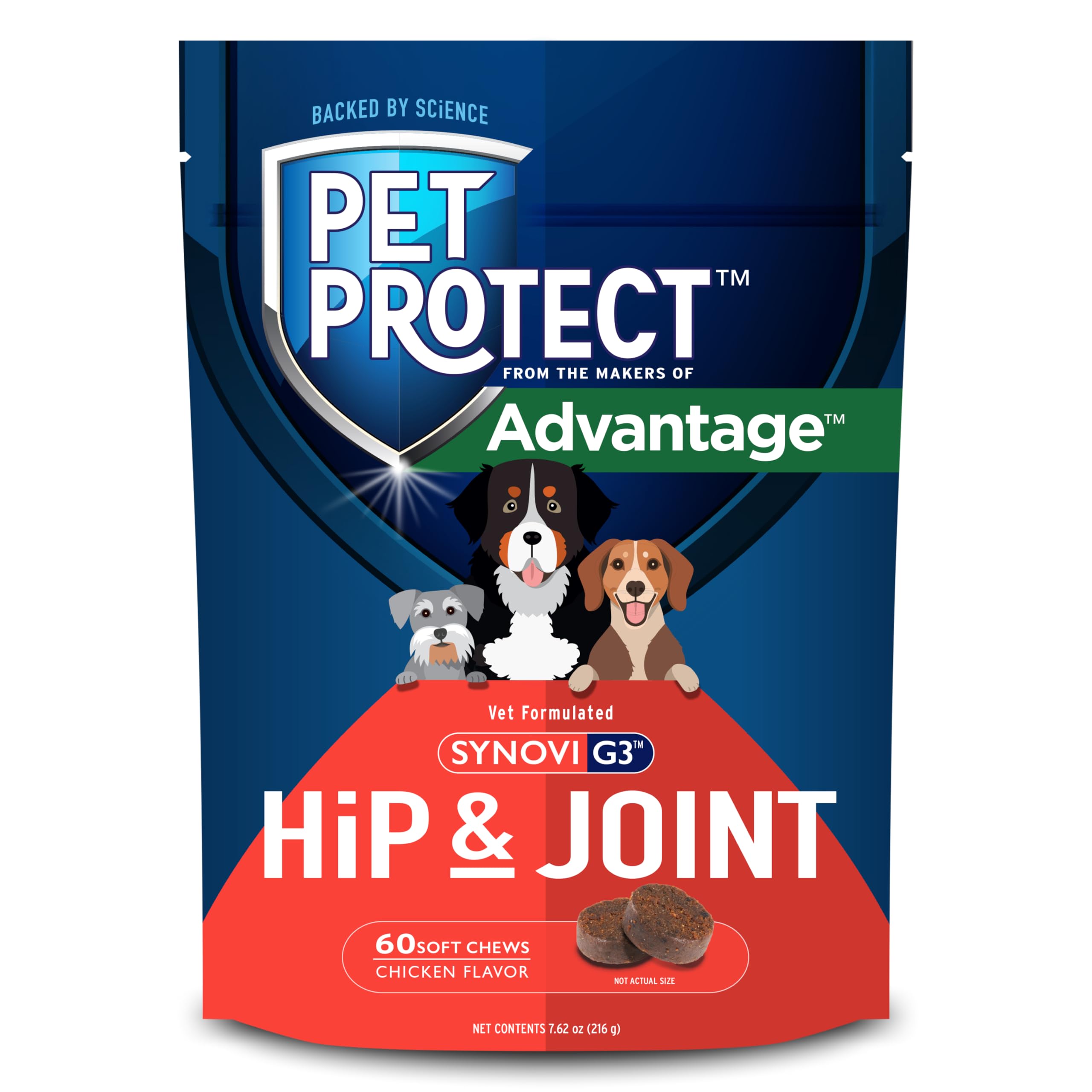 Pet Protect hip joint soft chews support flexible movement for active dogs.
