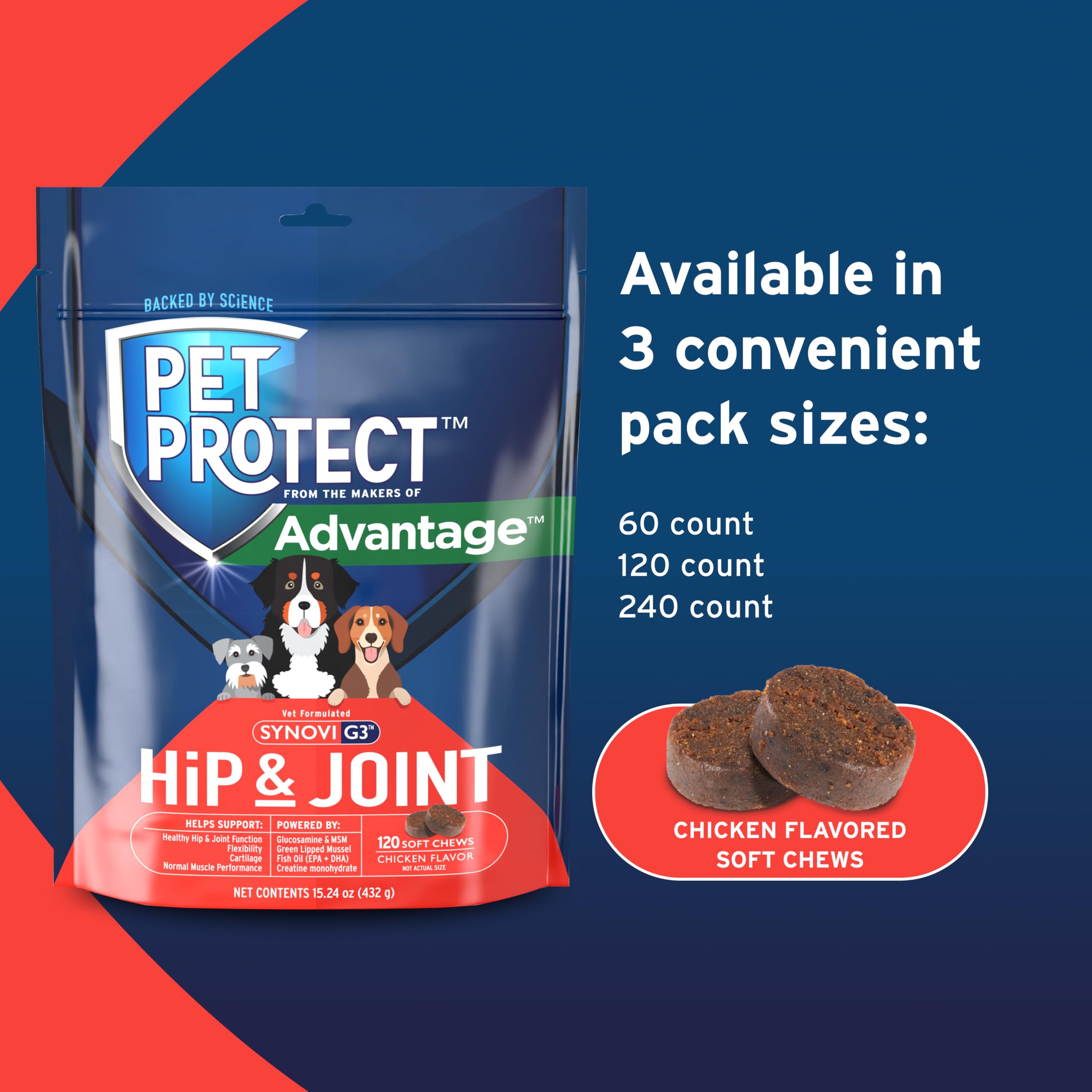 Pet Protect MSM and creatine panel for muscle support.