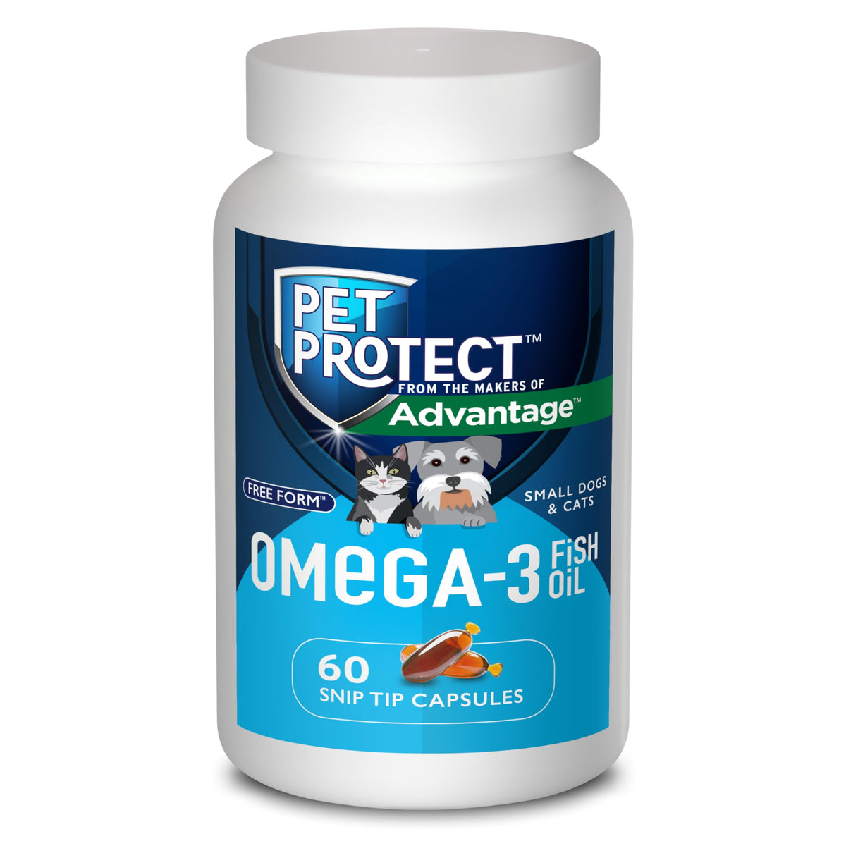 Pet Protect Omega-3 bottle 60 count supports daily wellness for cats and small dogs.
