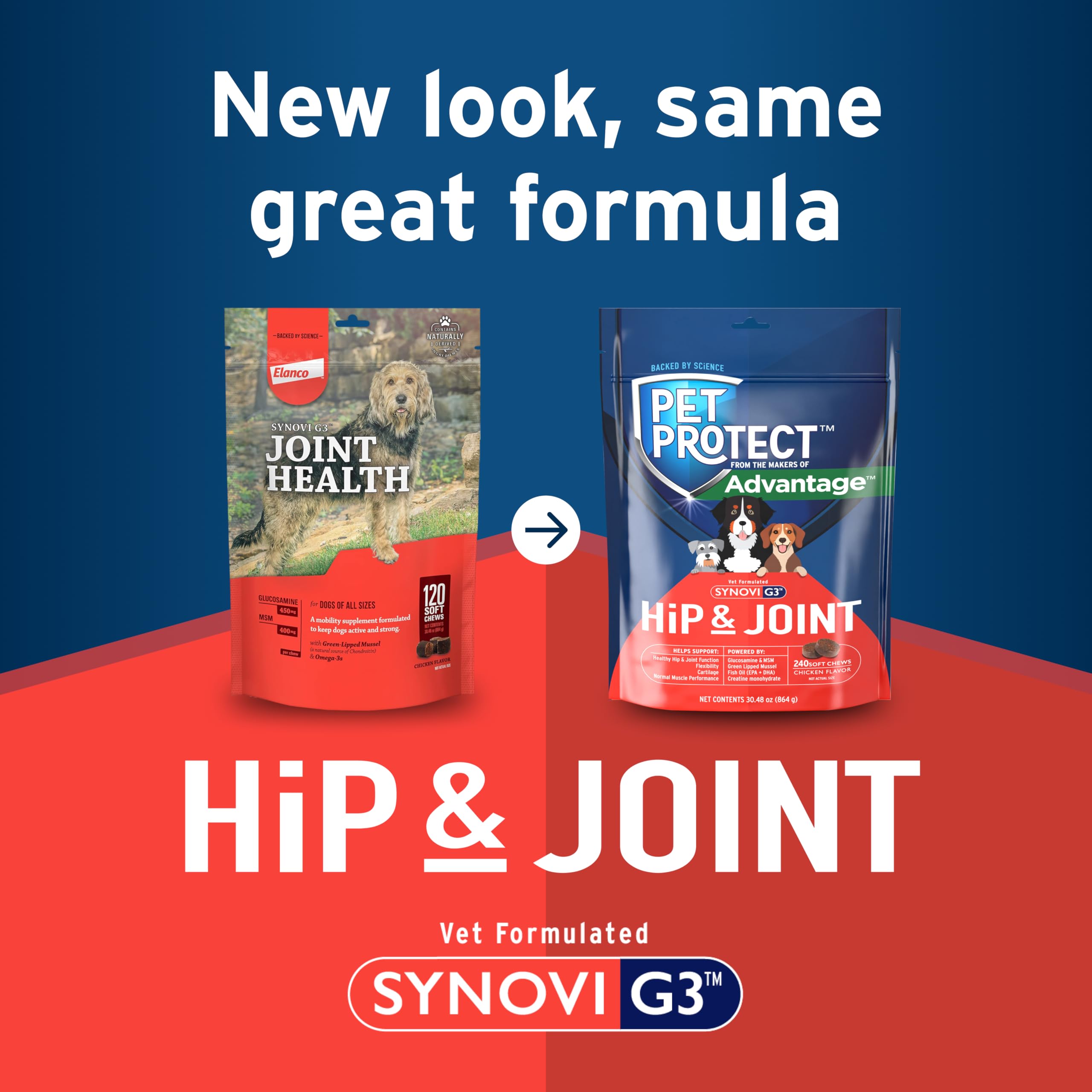 Pet Protect Synovi G3 formula badge indicating vet-clinic quality.