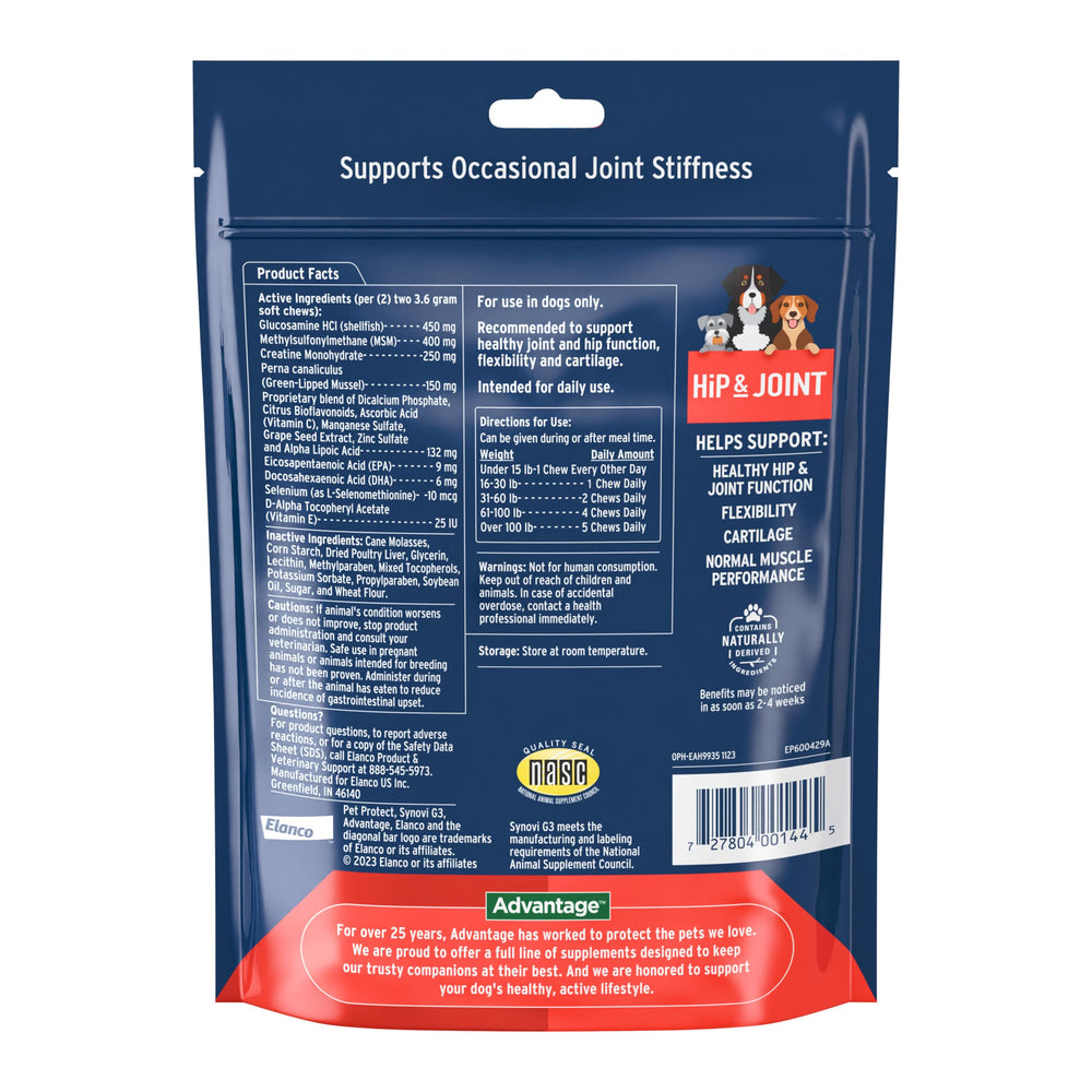 Pet Protect Synovi G3 formula supports ongoing hip and joint function.