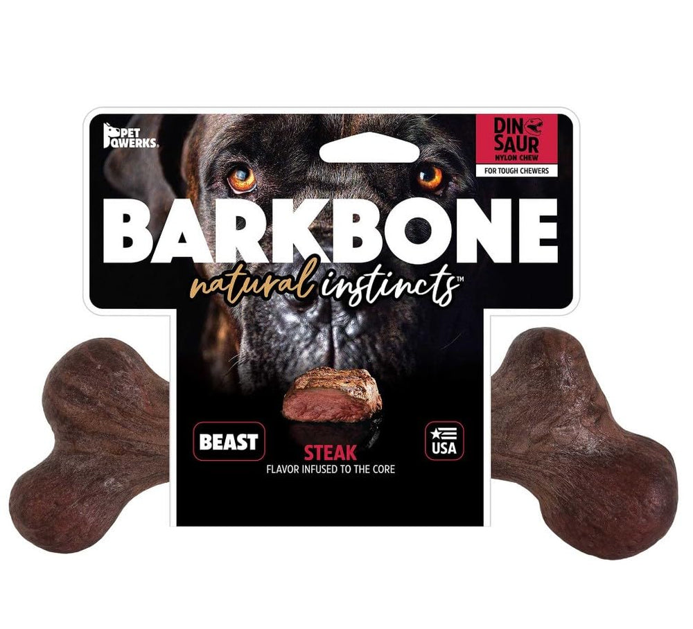 Pet Qwerks Dinosaur BarkBone steak-flavor chew boosts flavor and dental stimulation.