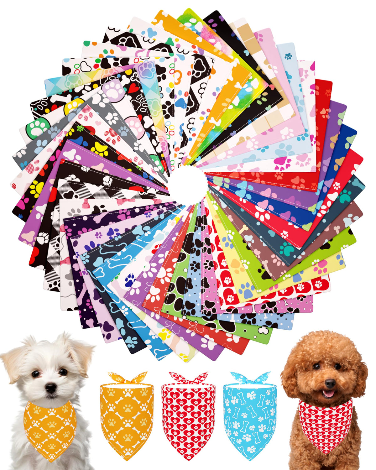 PET SHOW paw-pattern bandana bulk pack on a small dog for stylish grooming.