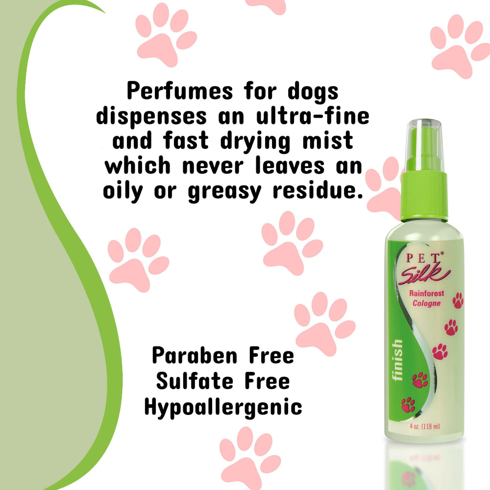 Hands spritzing pet coat with rainforest spray during grooming