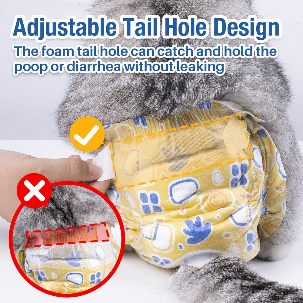 Pet Soft diapers with adjustable tail hole on a cat.