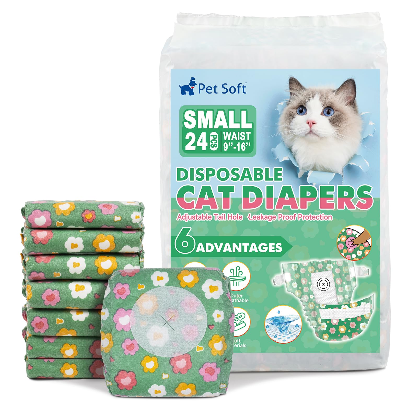 Pet Soft disposable cat diapers with flowers pattern provide comfortable protection for small cats.