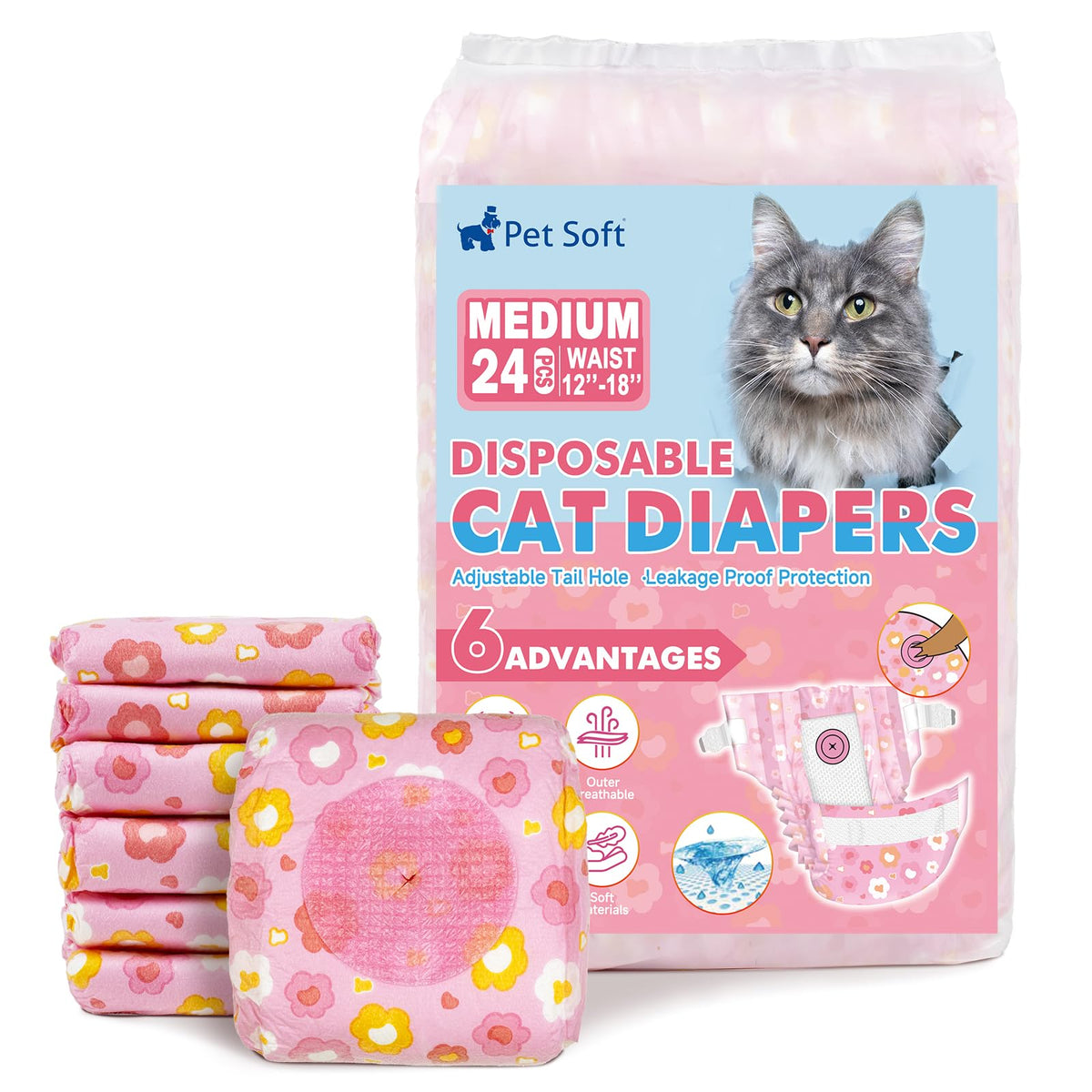 Pet Soft disposable cat diapers with flowers pattern offer comfortable fit and leak protection.