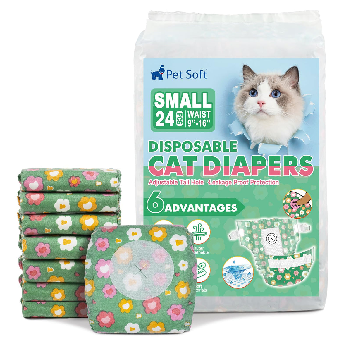 Pet Soft disposable cat diapers with flowers pattern provide comfortable protection for small cats.