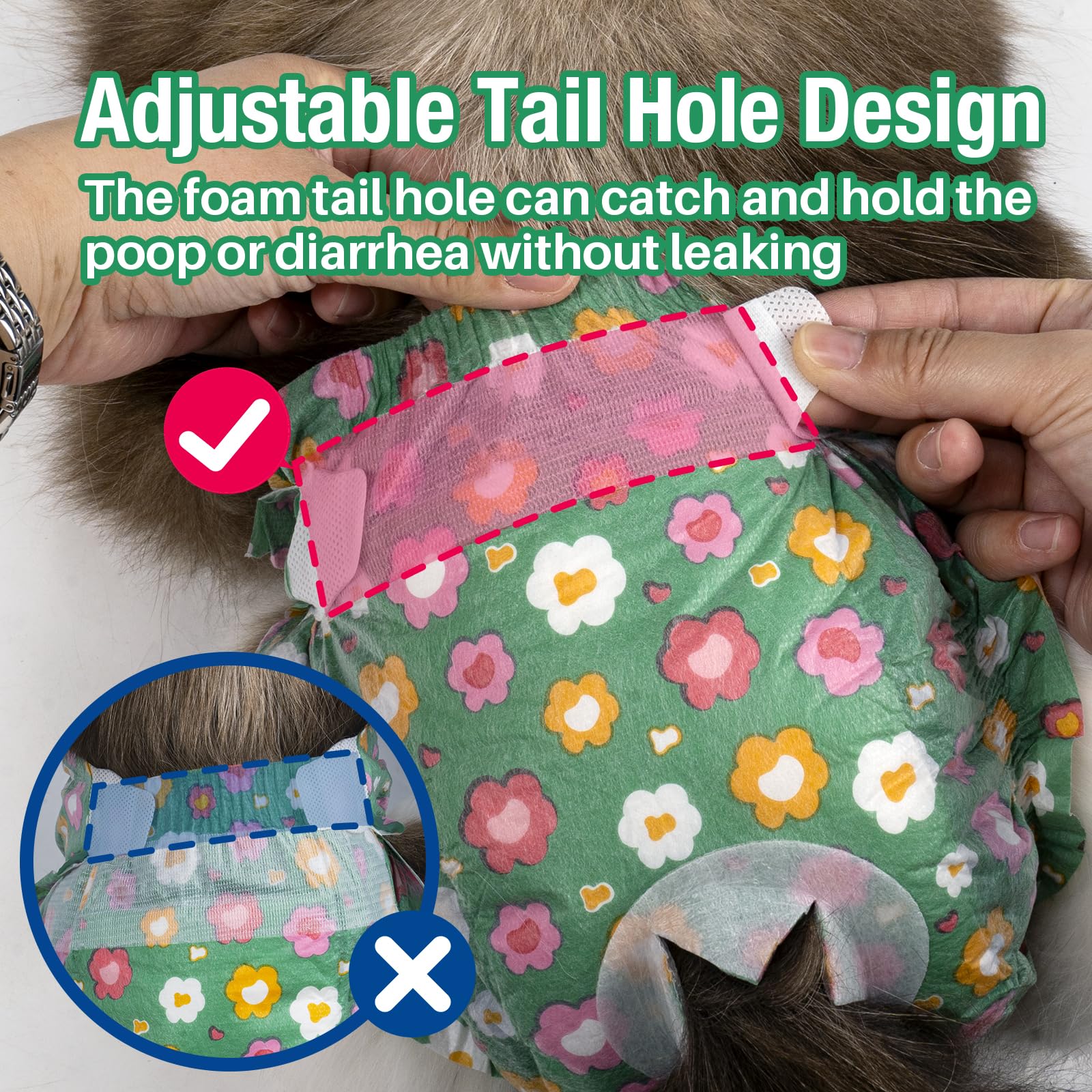 Pet Soft medium diapers with adjustable tail hole adapt to tail size for secure fit.