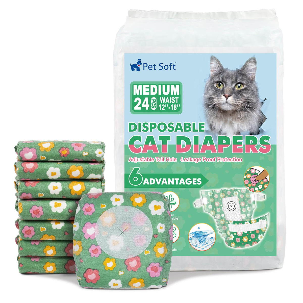 Pet Soft disposable cat diapers with a flowers pattern provide leak protection for medium cats.