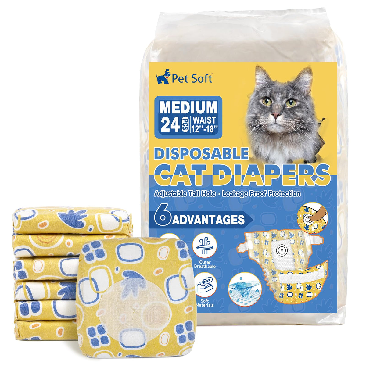 Pet Soft disposable cat diapers packaging shows medium fit for cats.