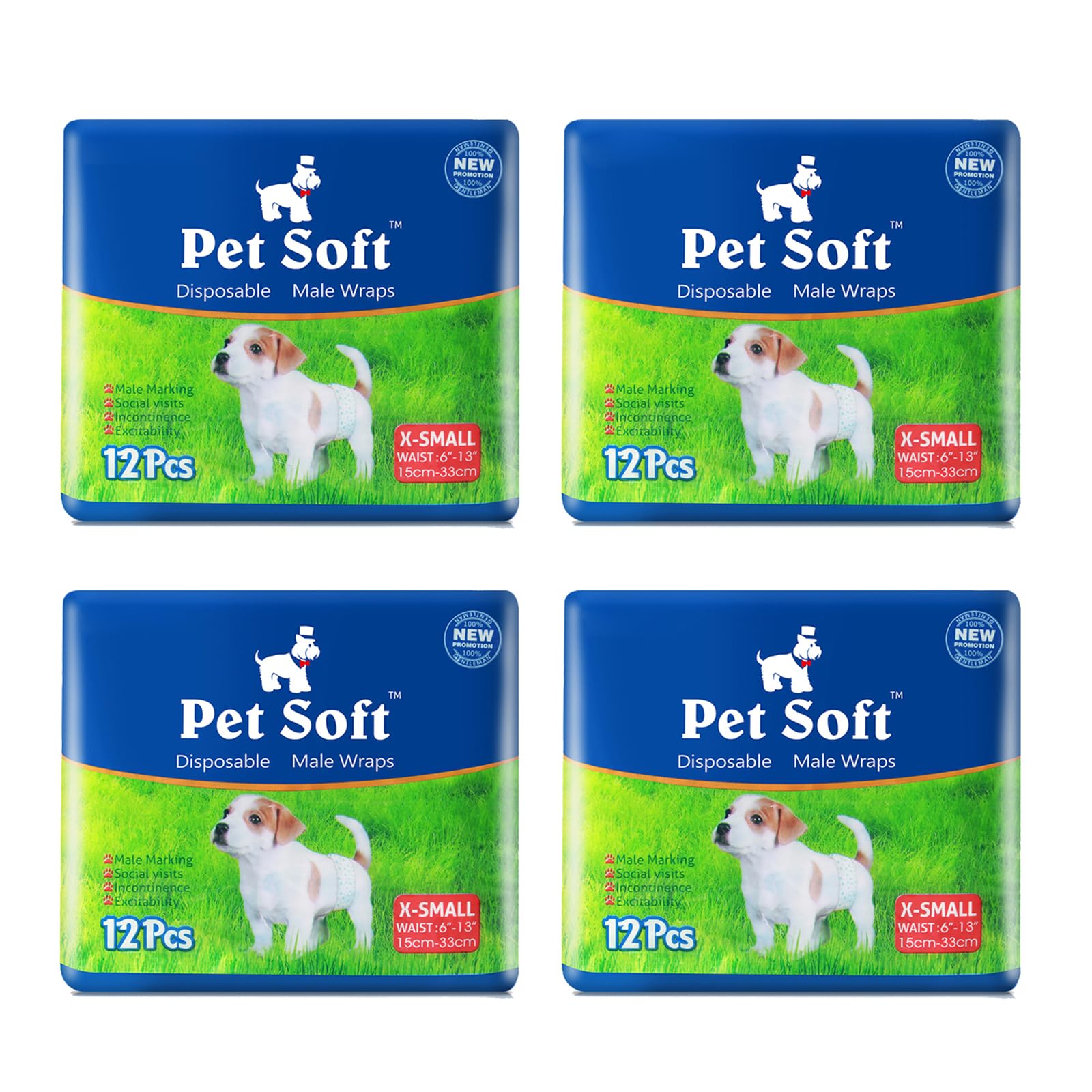Pet Soft disposable dog wraps for small waists (6–13 inches), secure fit.