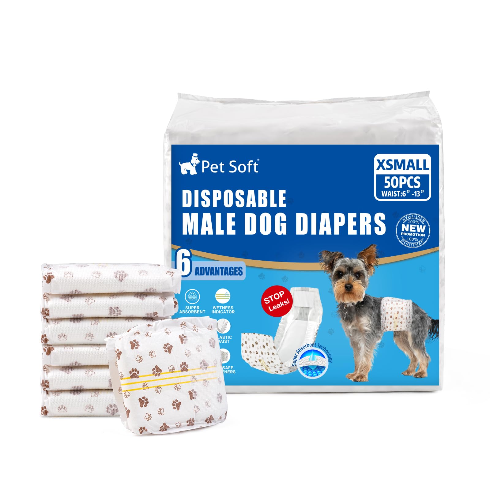 Pet Soft Male Dog Diapers with urine indicator for leak protection.