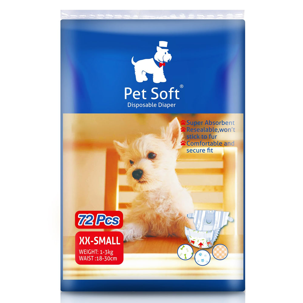 Pet Soft XXSmall dog diapers front view for precise fit on tiny dogs, helps prevent leaks