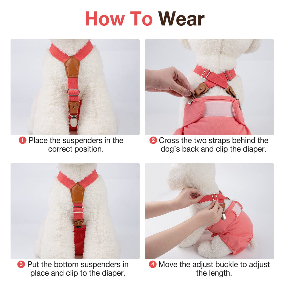 Pet Soft dog suspenders brown-red colors complement outfits.