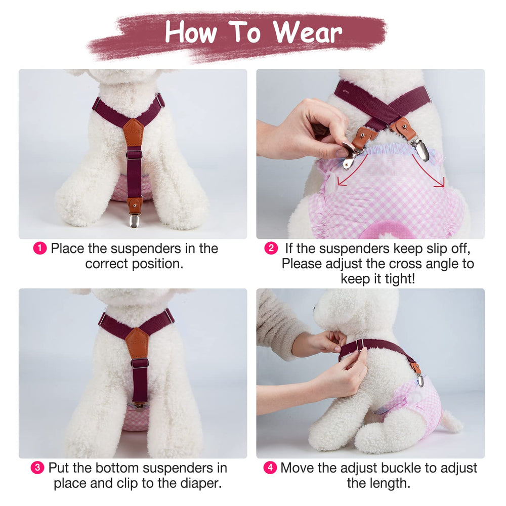 Pet Soft dog suspenders grip securely with adjustable buckle ensuring diaper stays in place.
