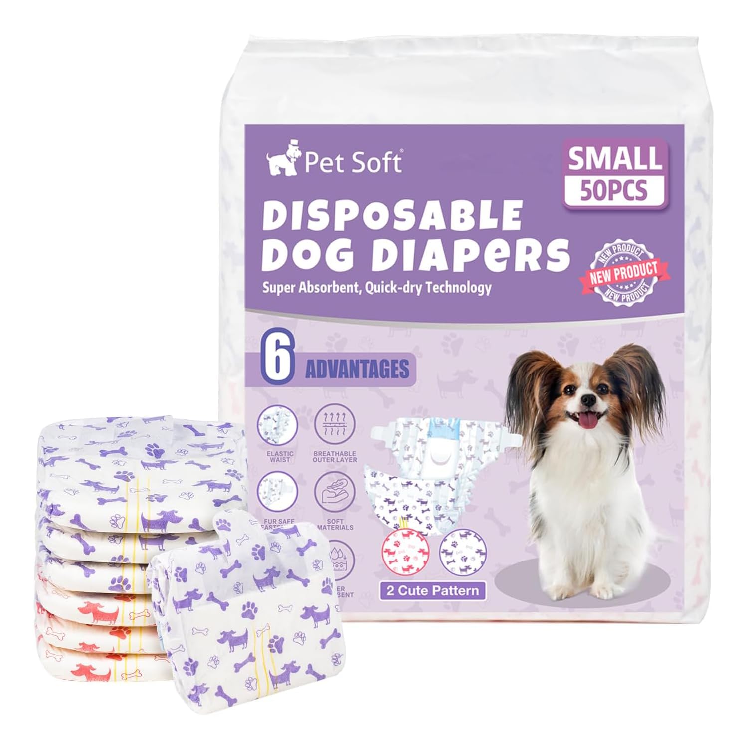 Pet Soft female dog diapers front view with mixed patterns for small dogs, comfortable fit.