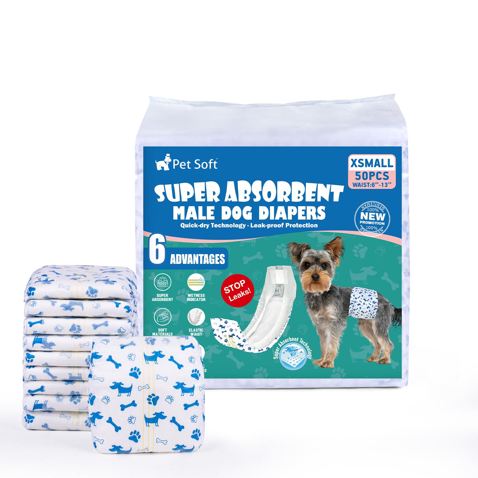 Pet Soft male diapers pack close-up with blue pattern for easy recognition.