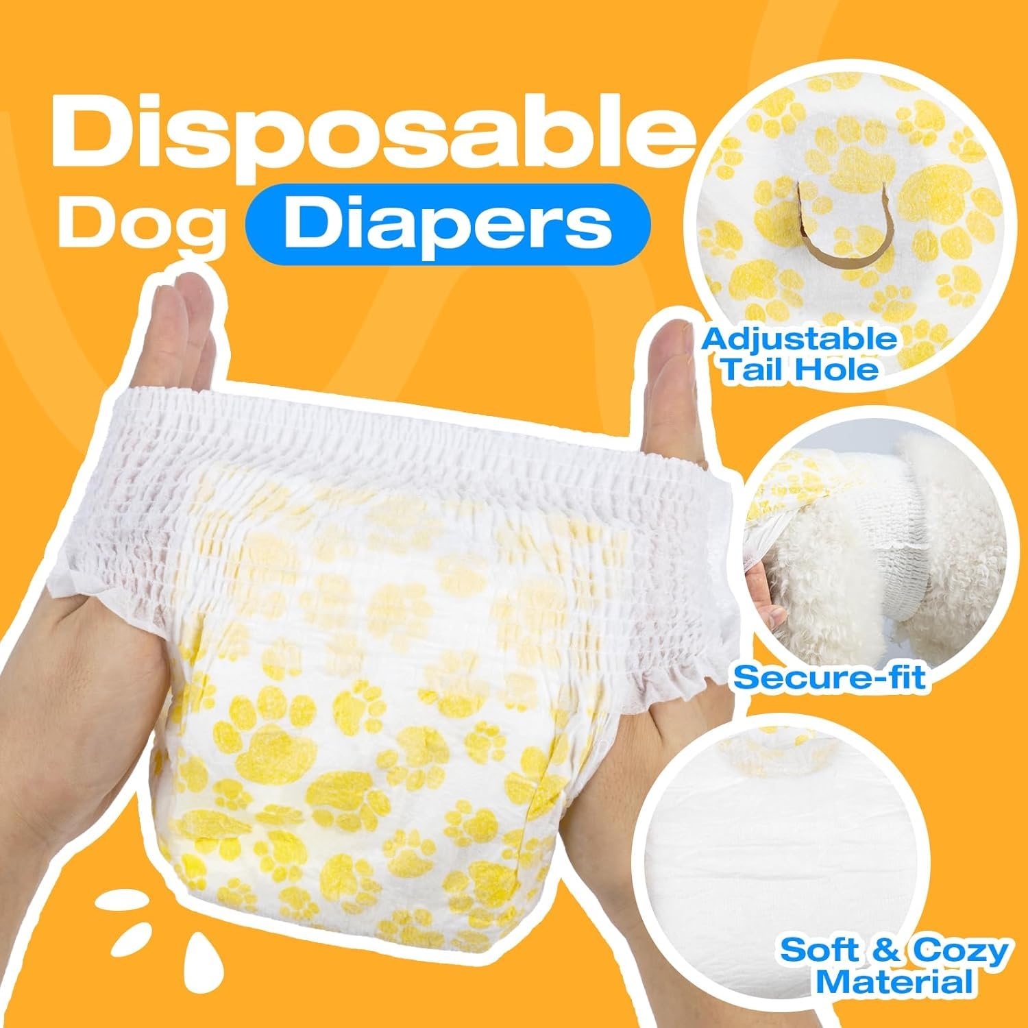 Pet Soft pull-up diapers for female dogs with tail hole for easy on/off.
