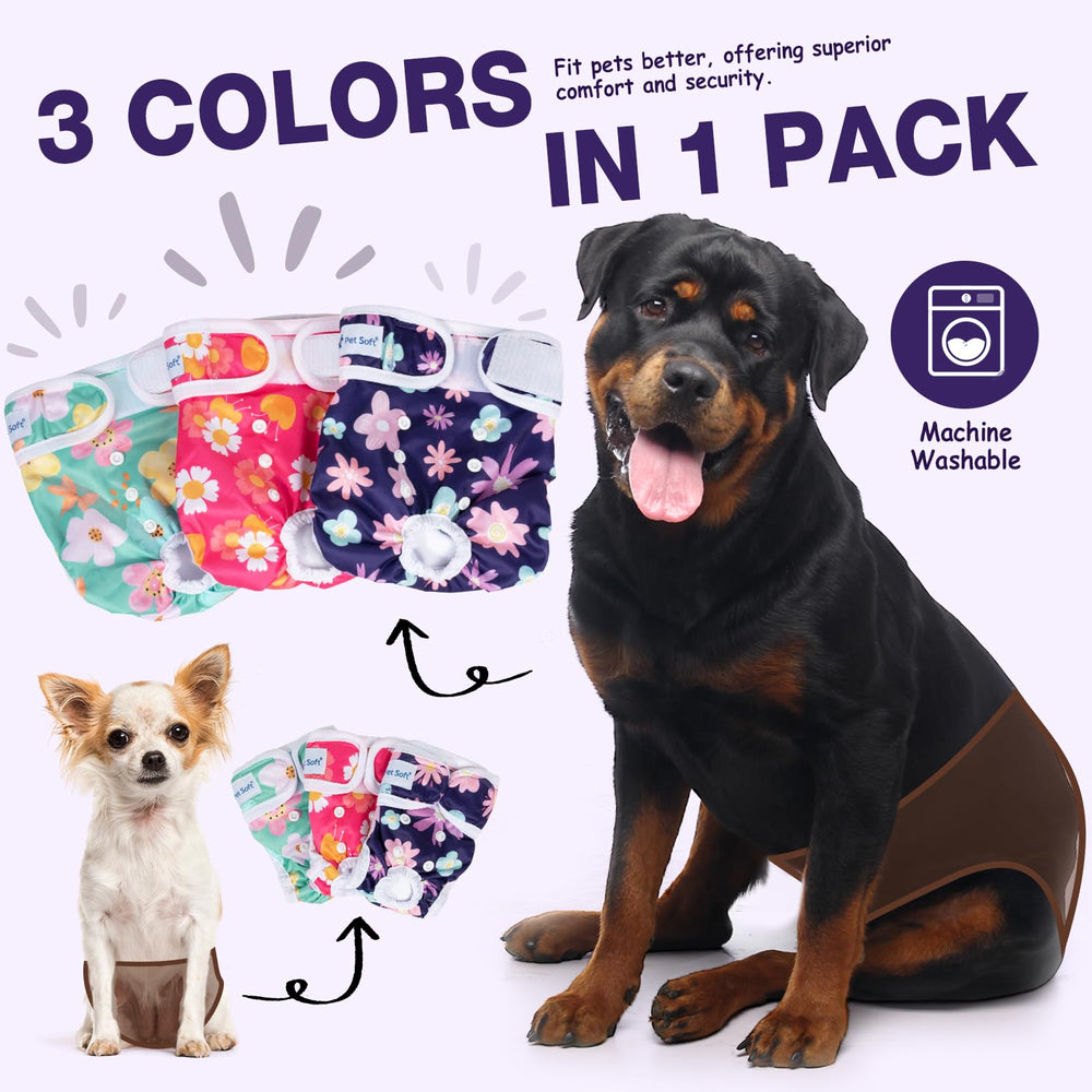 Pet Soft three flower-pattern diapers for households with multiple dogs.