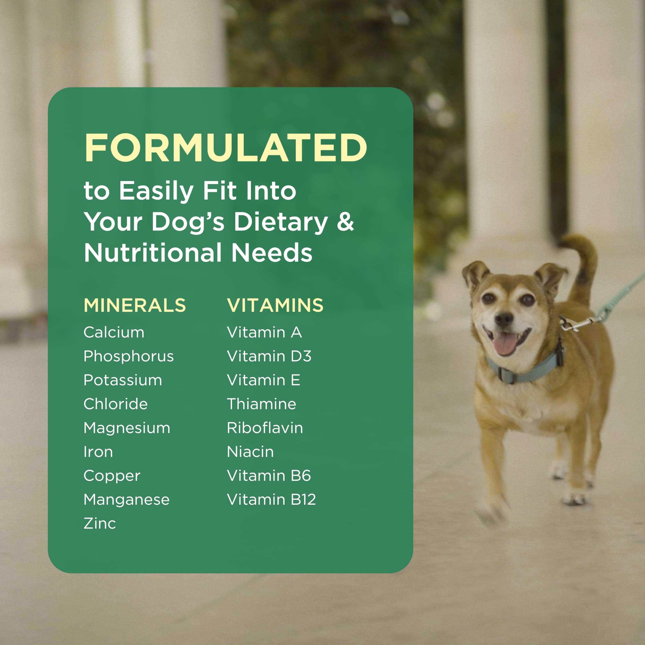 Pet-Tabs crumble-over-food option for mealtime nutrition.