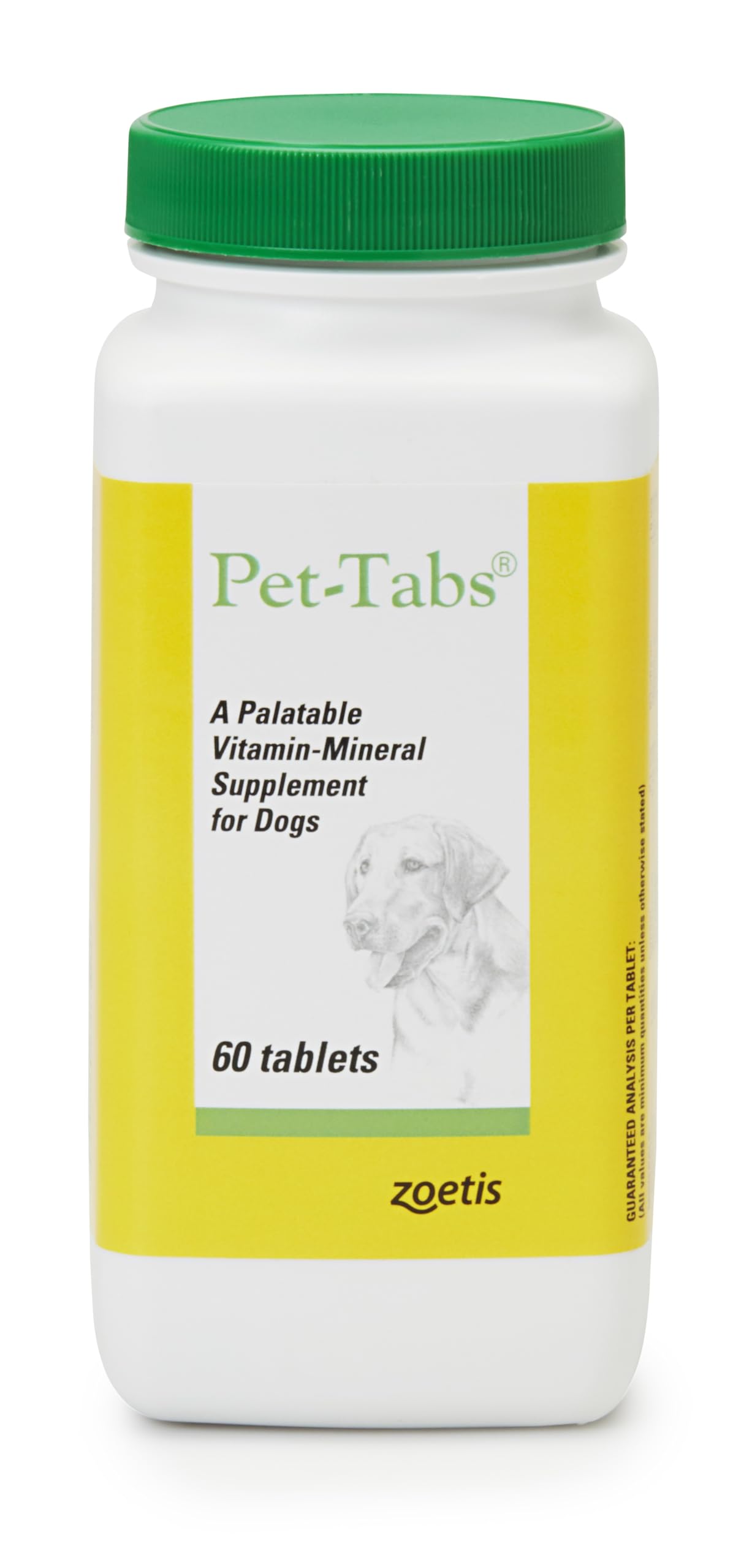 Pet-Tabs dog multivitamin bottle on shelf supports daily canine nutrition.