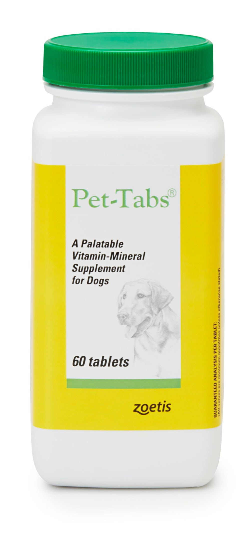 Pet-Tabs dog multivitamin bottle on shelf supports daily canine nutrition.