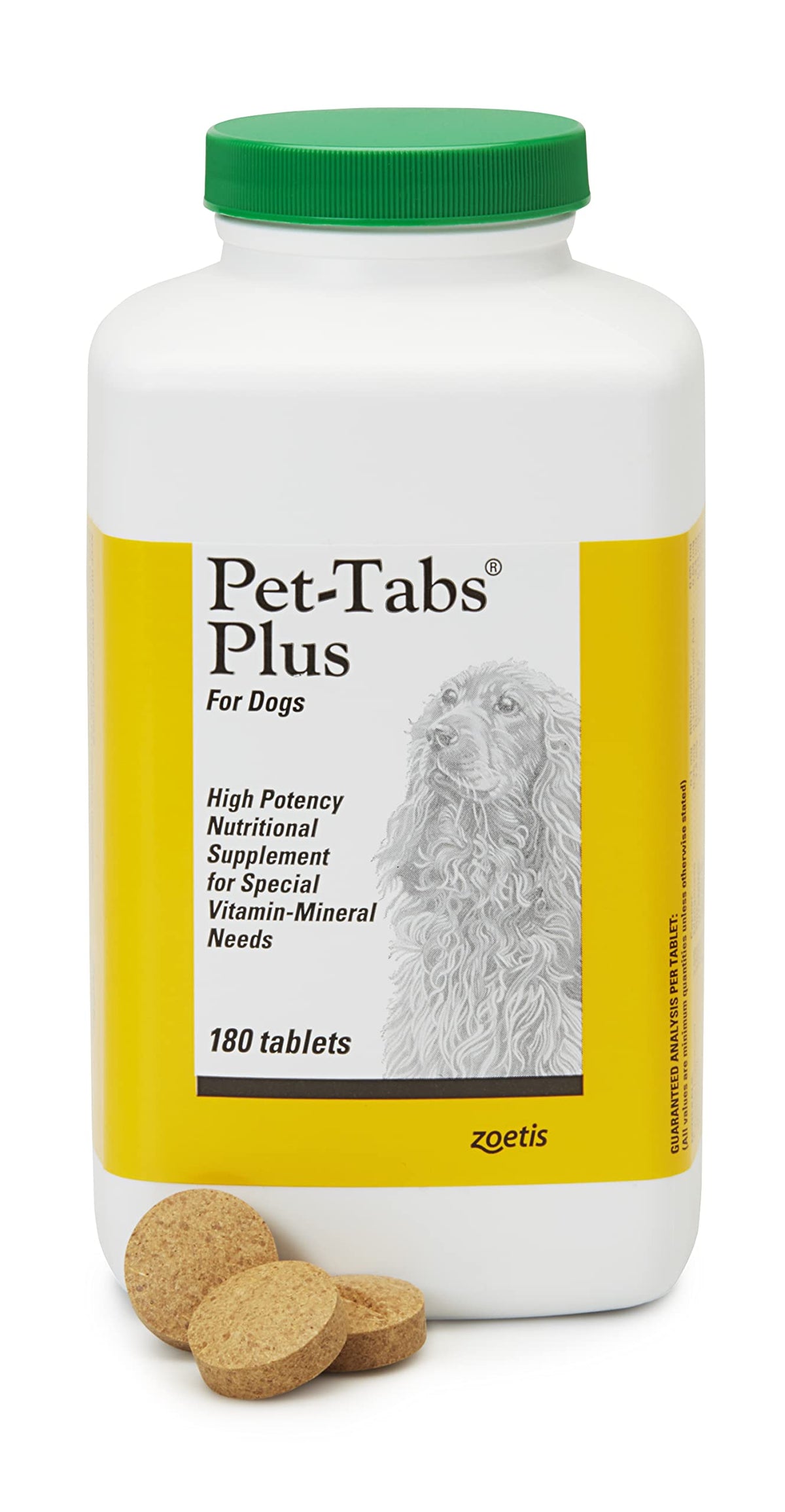 Pet-Tabs Plus 180CT bottle closeup for everyday canine nutrition.