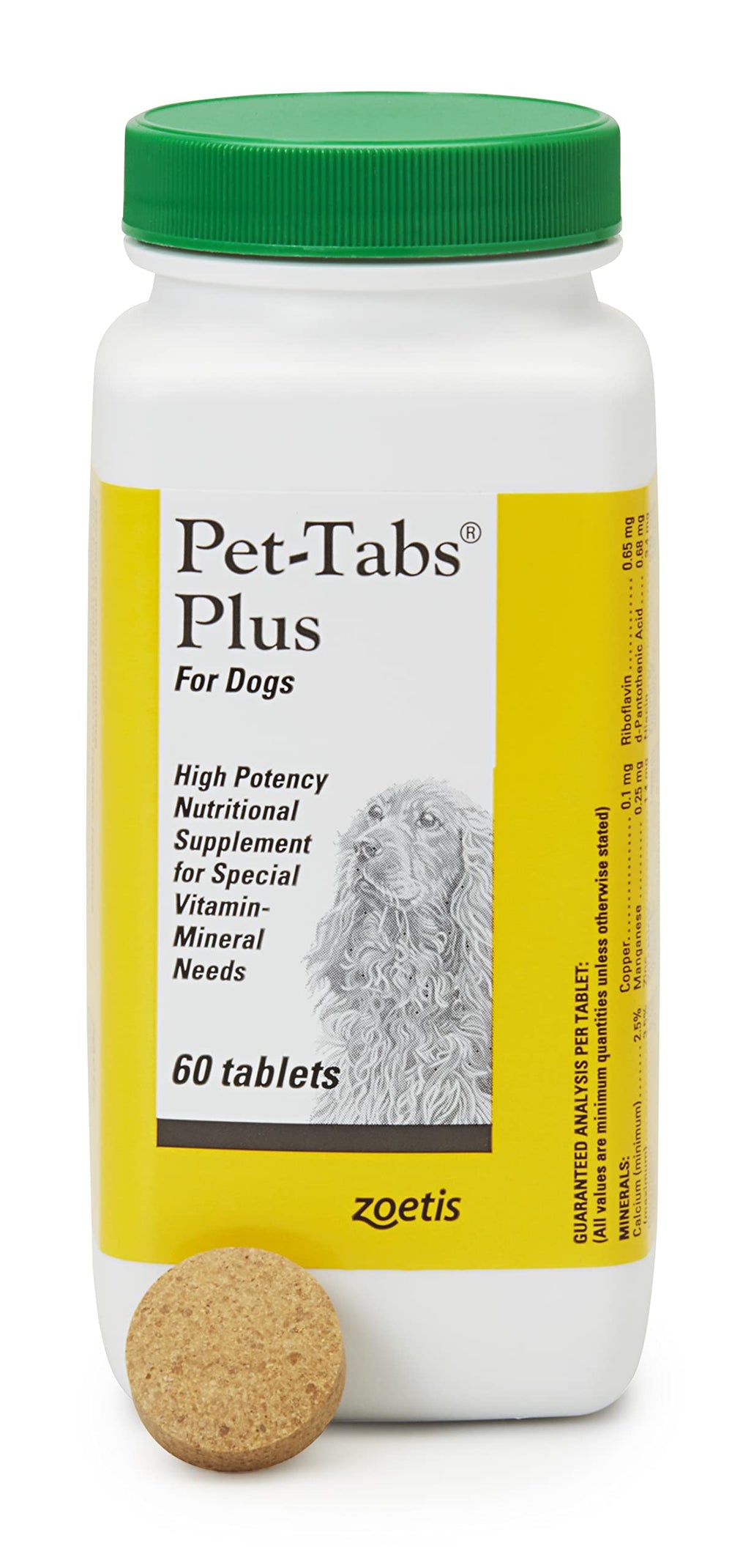 Pet-Tabs Plus bottle label close-up for dogs' daily nutrition.