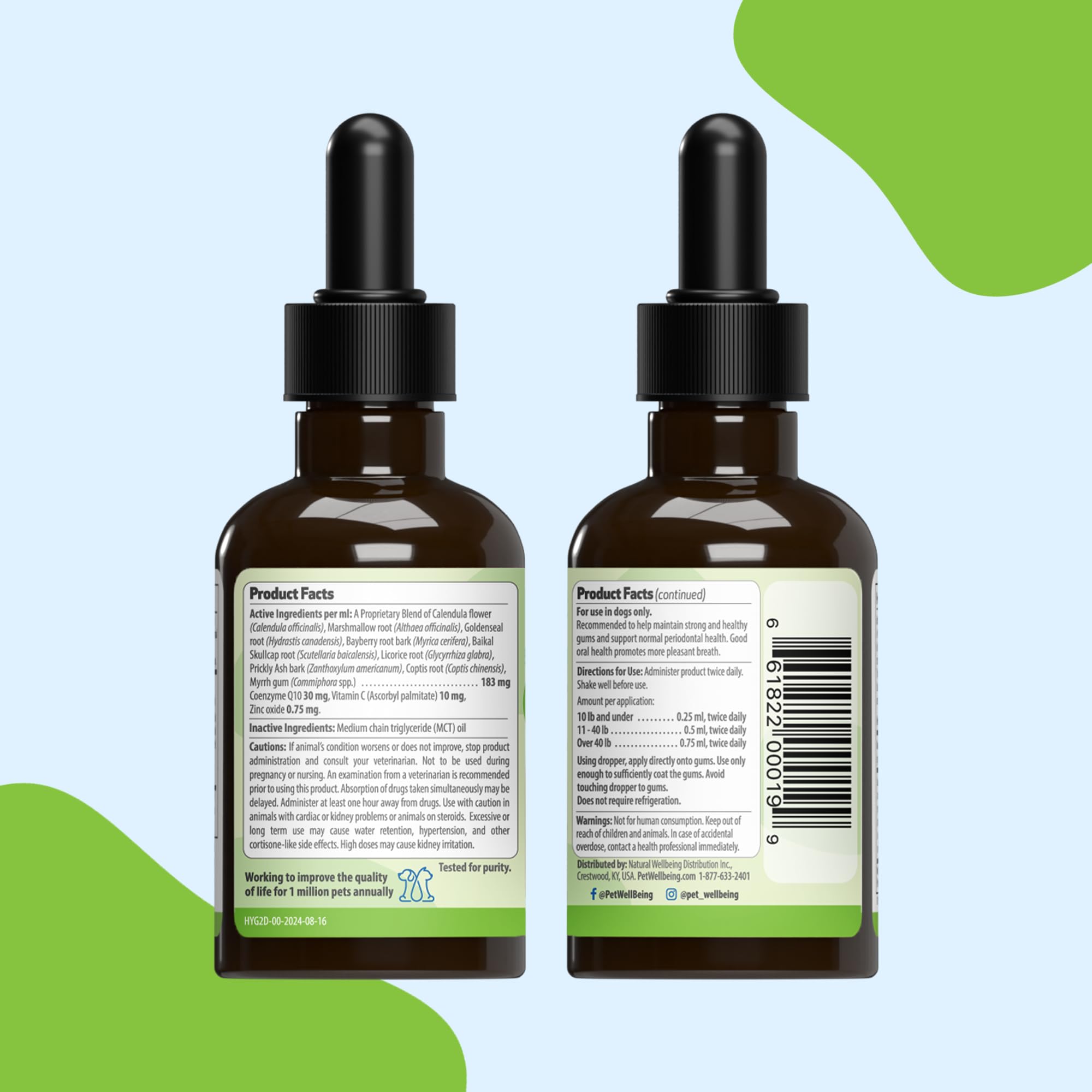 Pet Wellbeing 2oz bottle in use with pet, visualizing ease of administration.