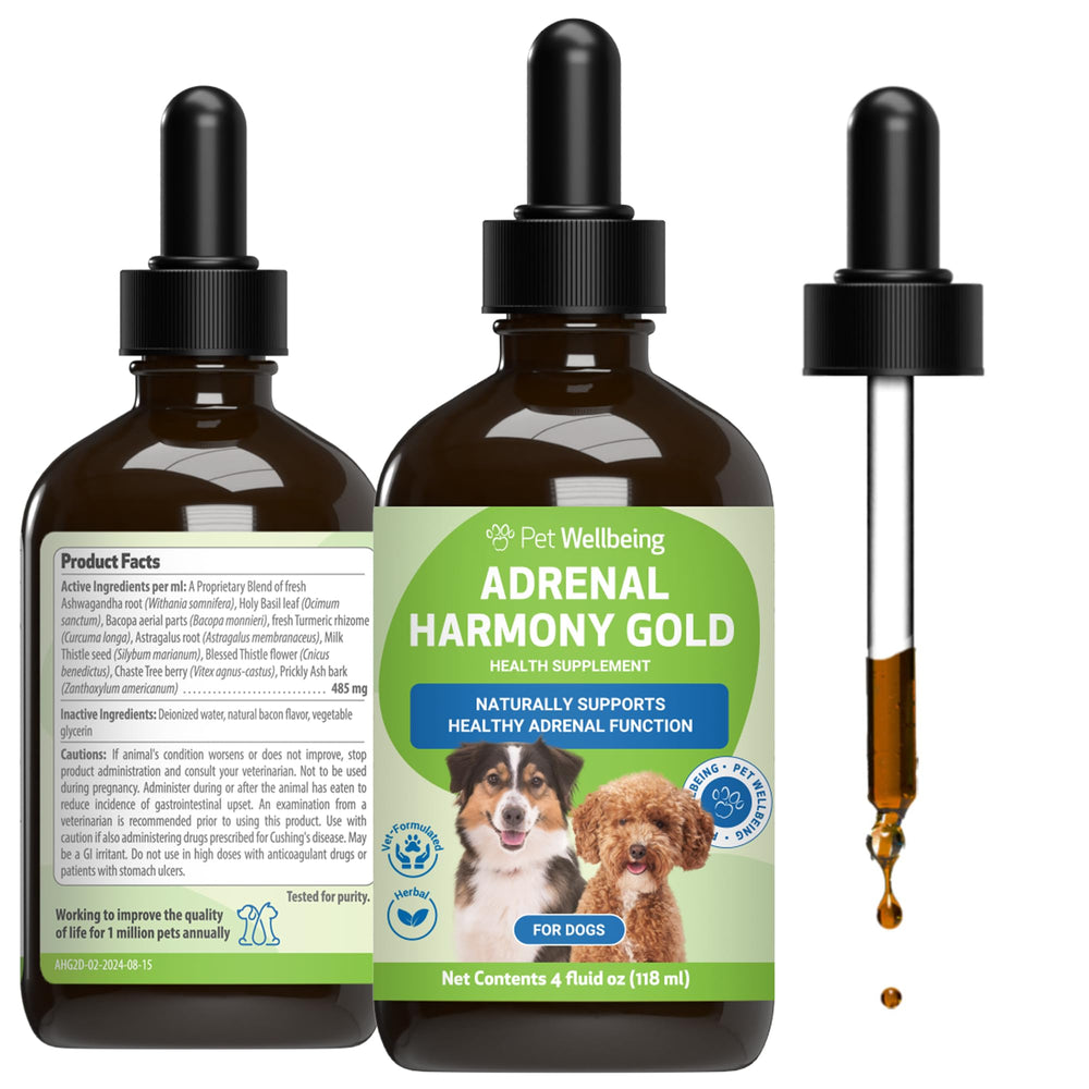 Pet Wellbeing Adrenal Harmony Gold bottle for dogs supports balanced energy and daily use.