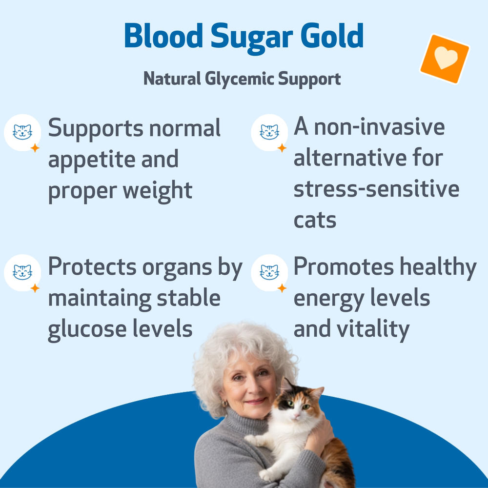 Pet Wellbeing Blood Sugar Gold bottle label — NASC-certified quality for cats
