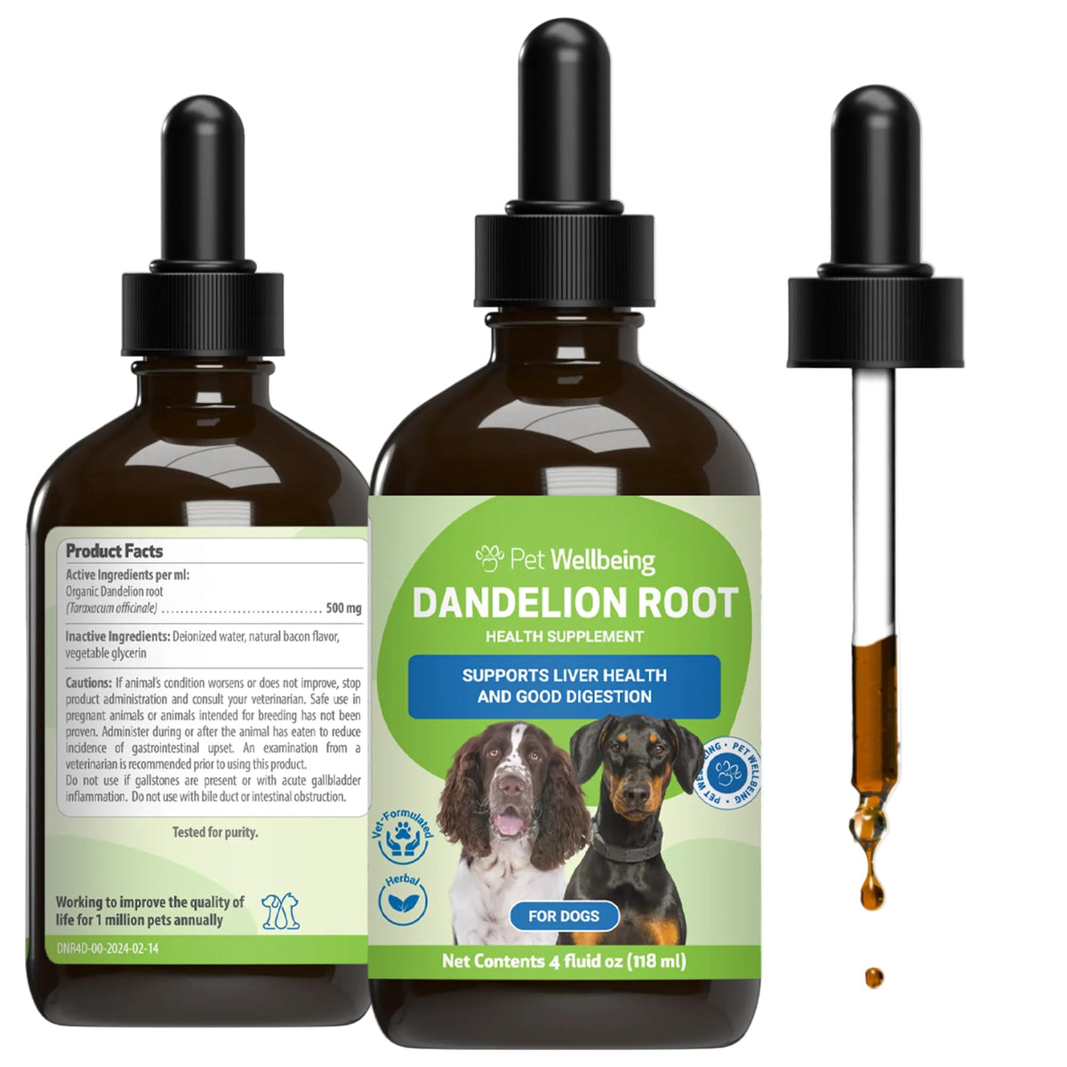 Pet Wellbeing Dandelion Root bottle for dogs, supporting liver and digestion.
