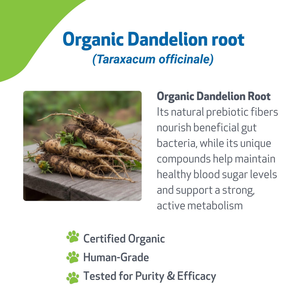 Pet Wellbeing Dandelion Root organic label highlights organic ingredients