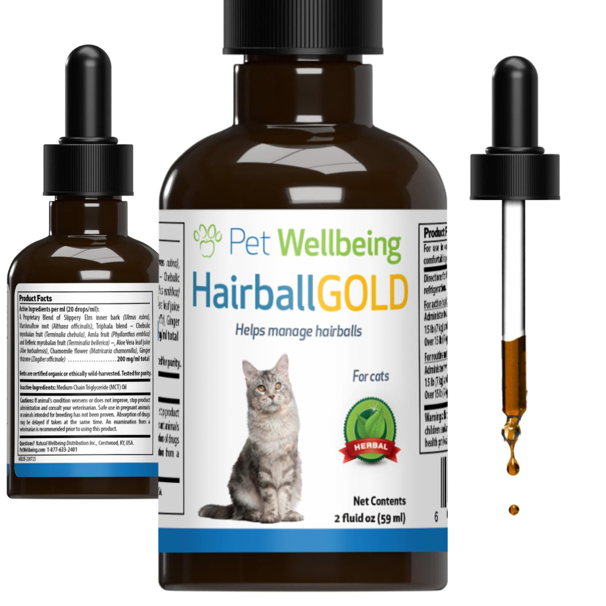 Pet Wellbeing Hairball Gold bottle being poured for easy cat dosing.