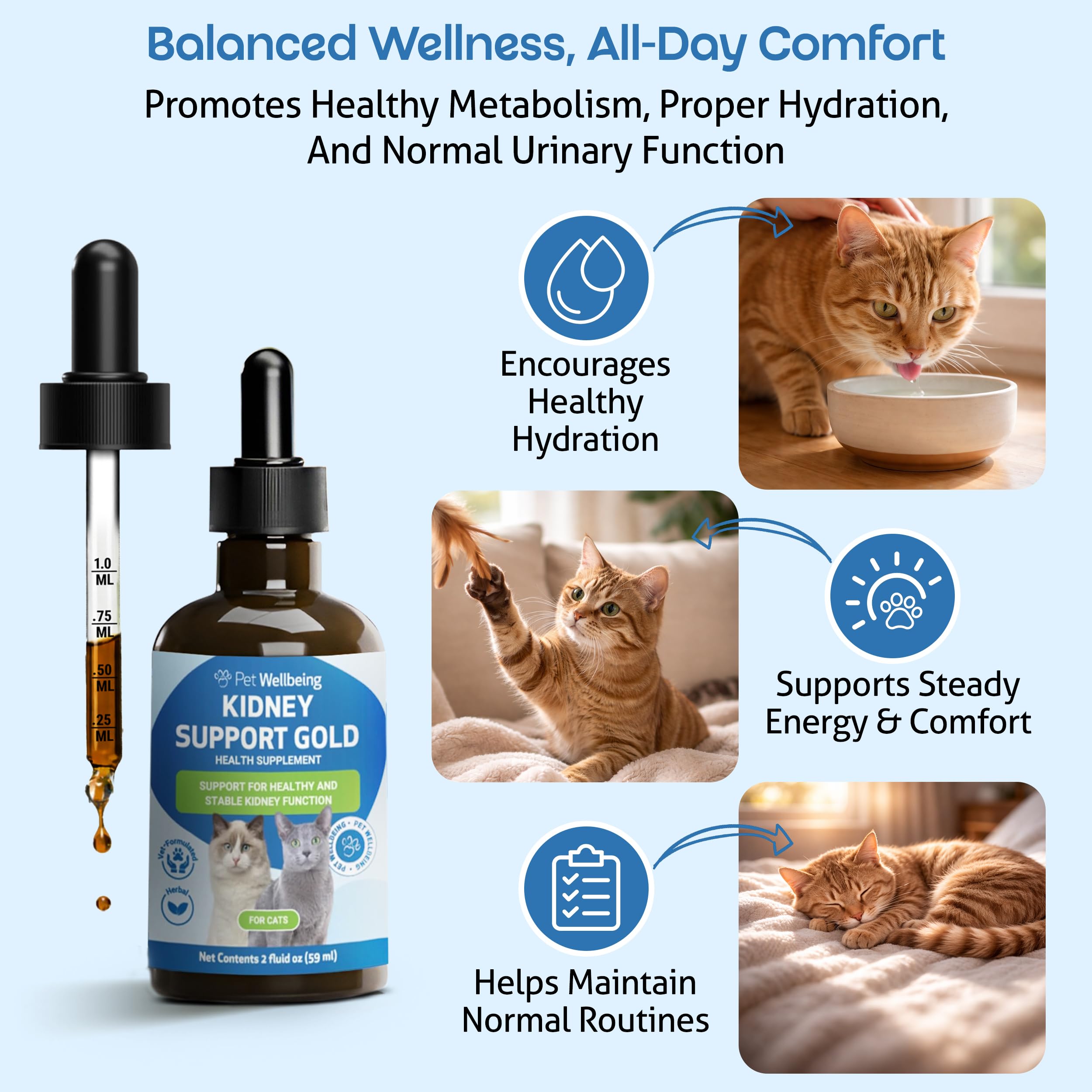 Dropper-equipped Pet Wellbeing Kidney Support Gold bottle enables precise dosing.