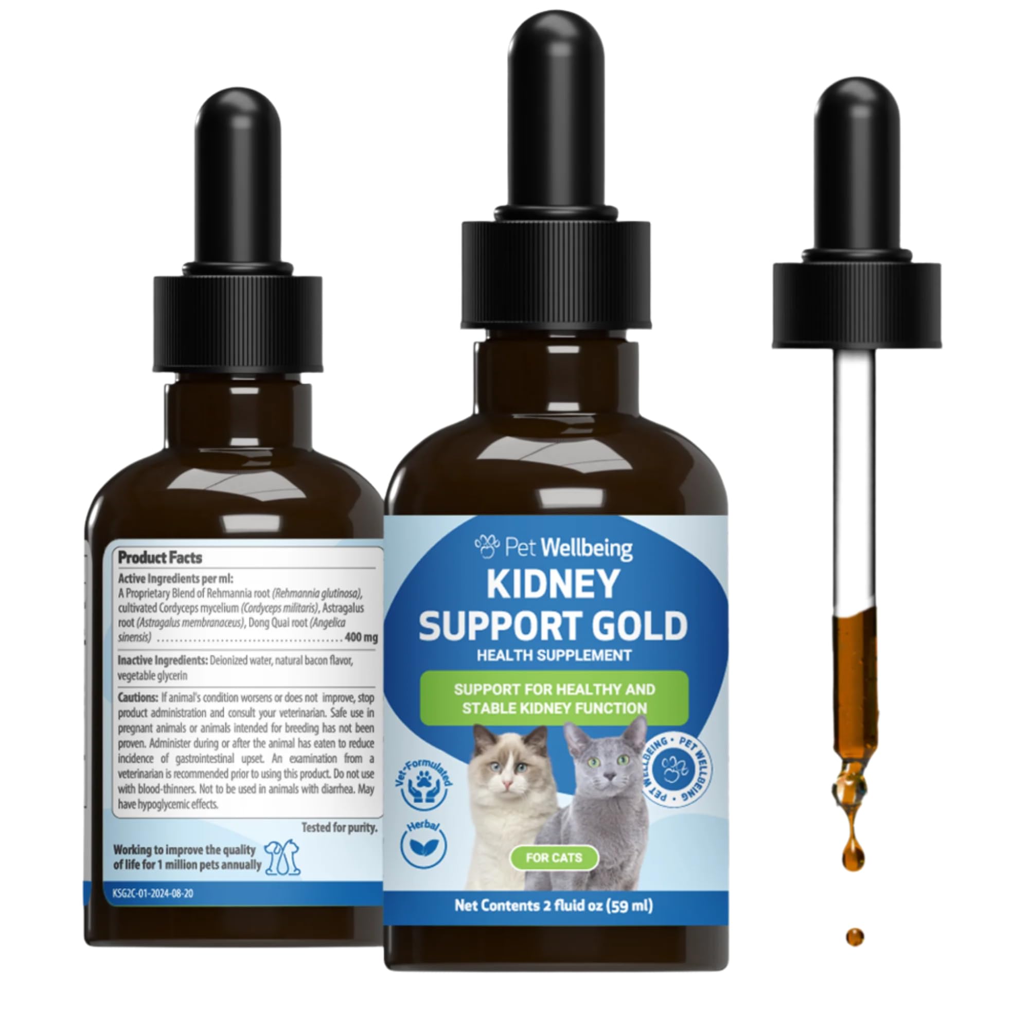 Pet Wellbeing Kidney Support Gold bottle for cats promotes daily hydration and balance.