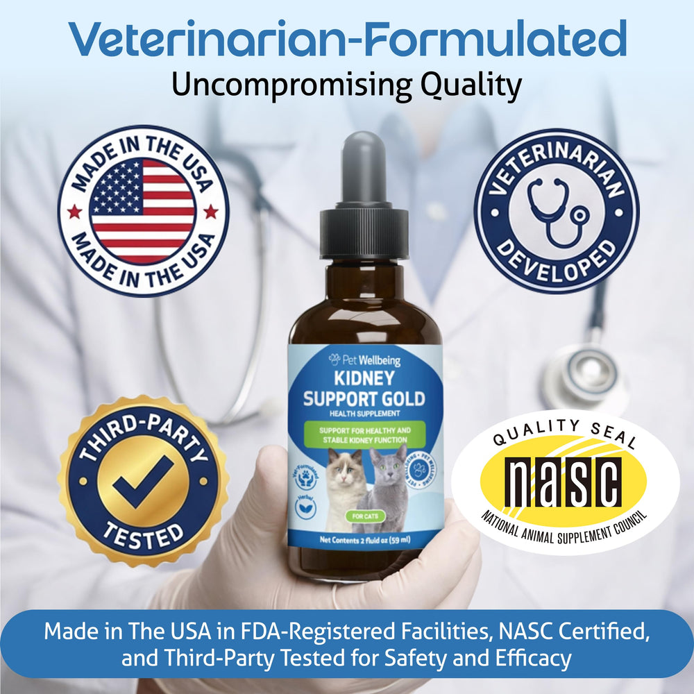 Label and packaging for Pet Wellbeing Kidney Support Gold emphasize NASC-certified quality.