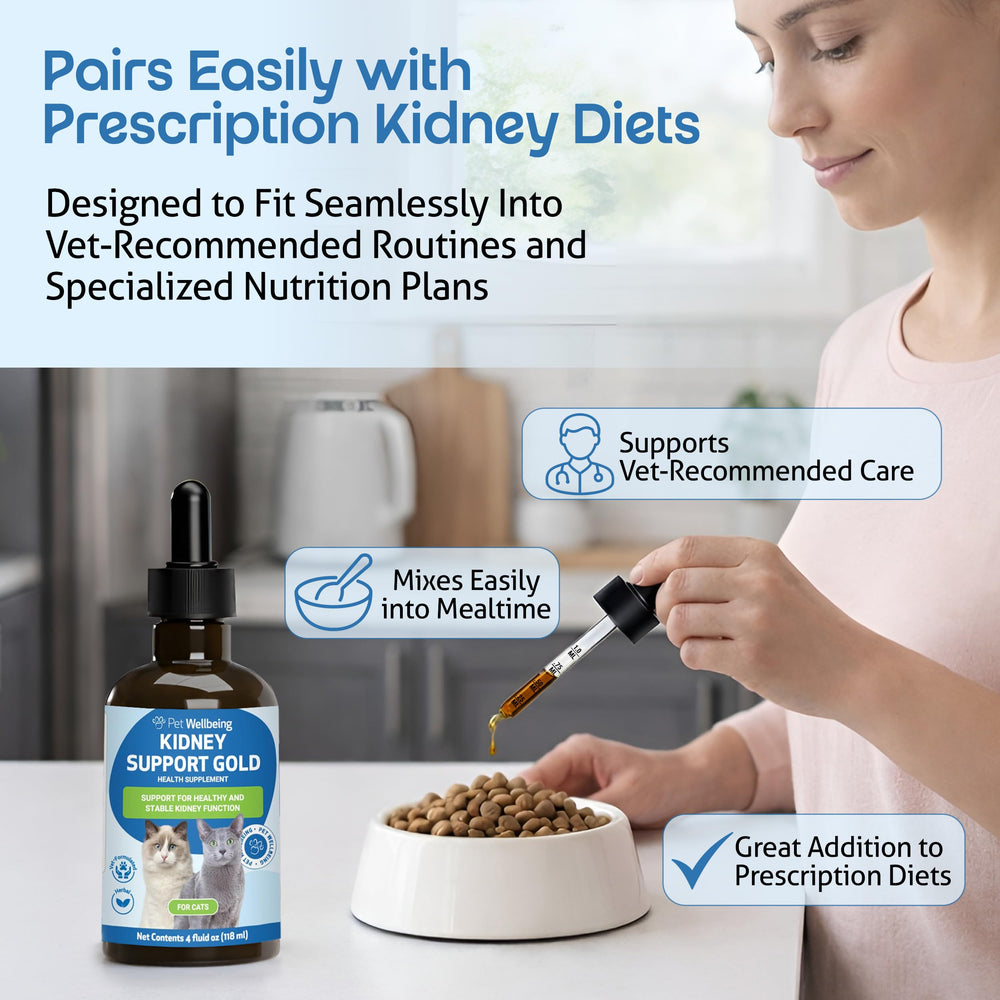 Pet Wellbeing Kidney Support Gold liquid formula for easy administration.